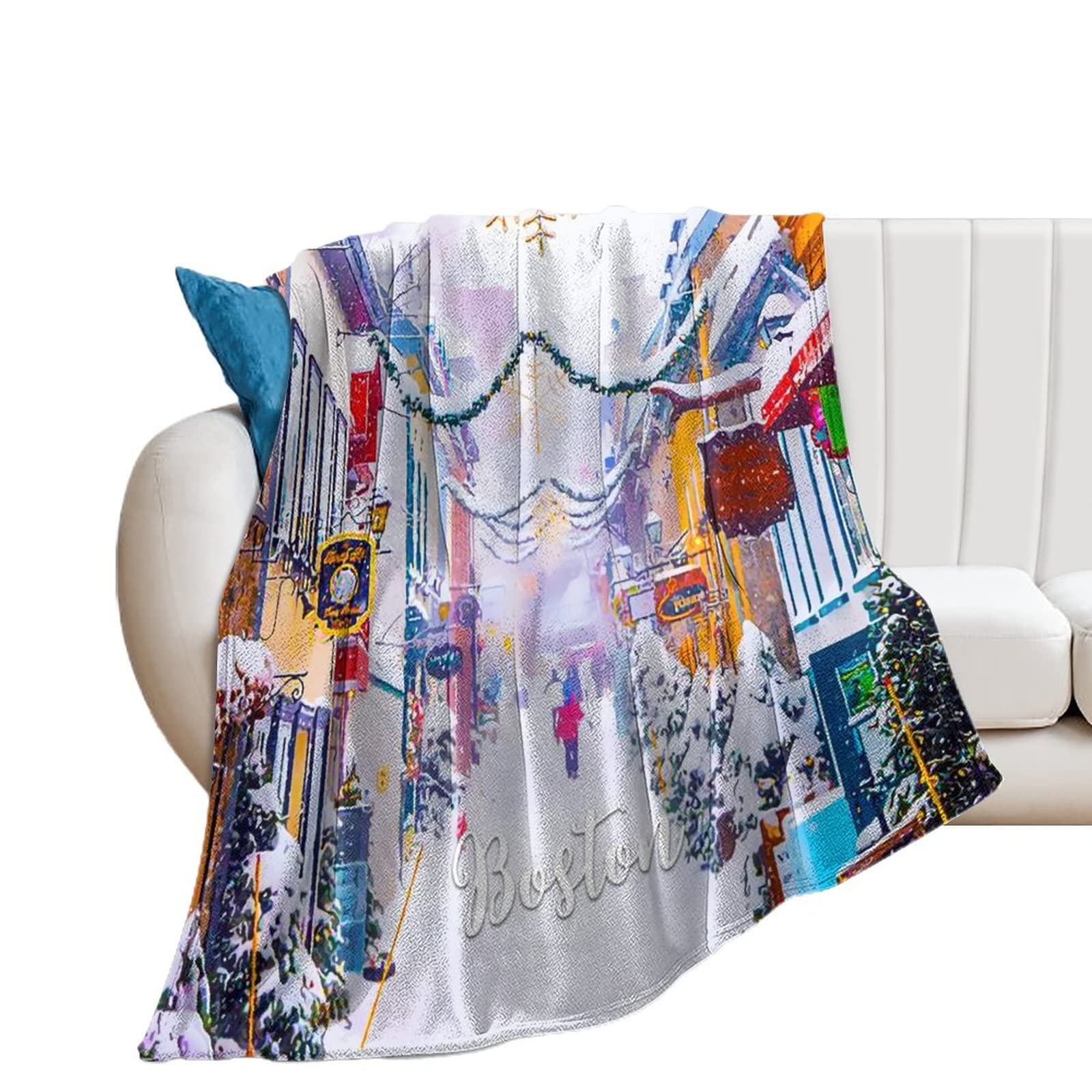 Couverture en flanelle pour lit Boston plaid microfibre motif paysage urbain