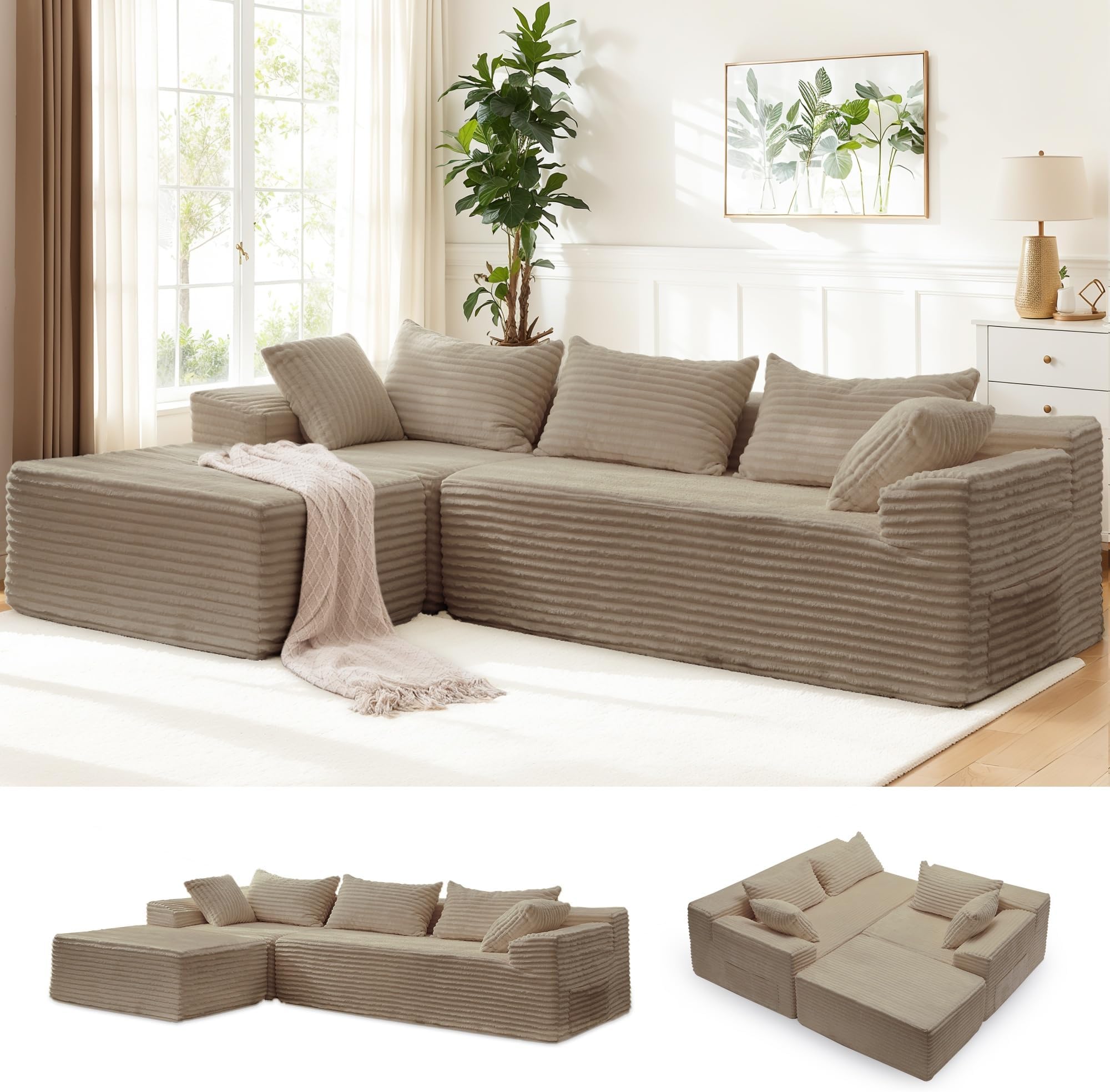 110" L-Shaped Modular Sectional Sofa with Chaise, Boneless Comfy Corduroy Fluffy Couch with Deep Seat and Side Pockets, Flexible Module Combination for Living Room, No Assembly, Side Pockets
