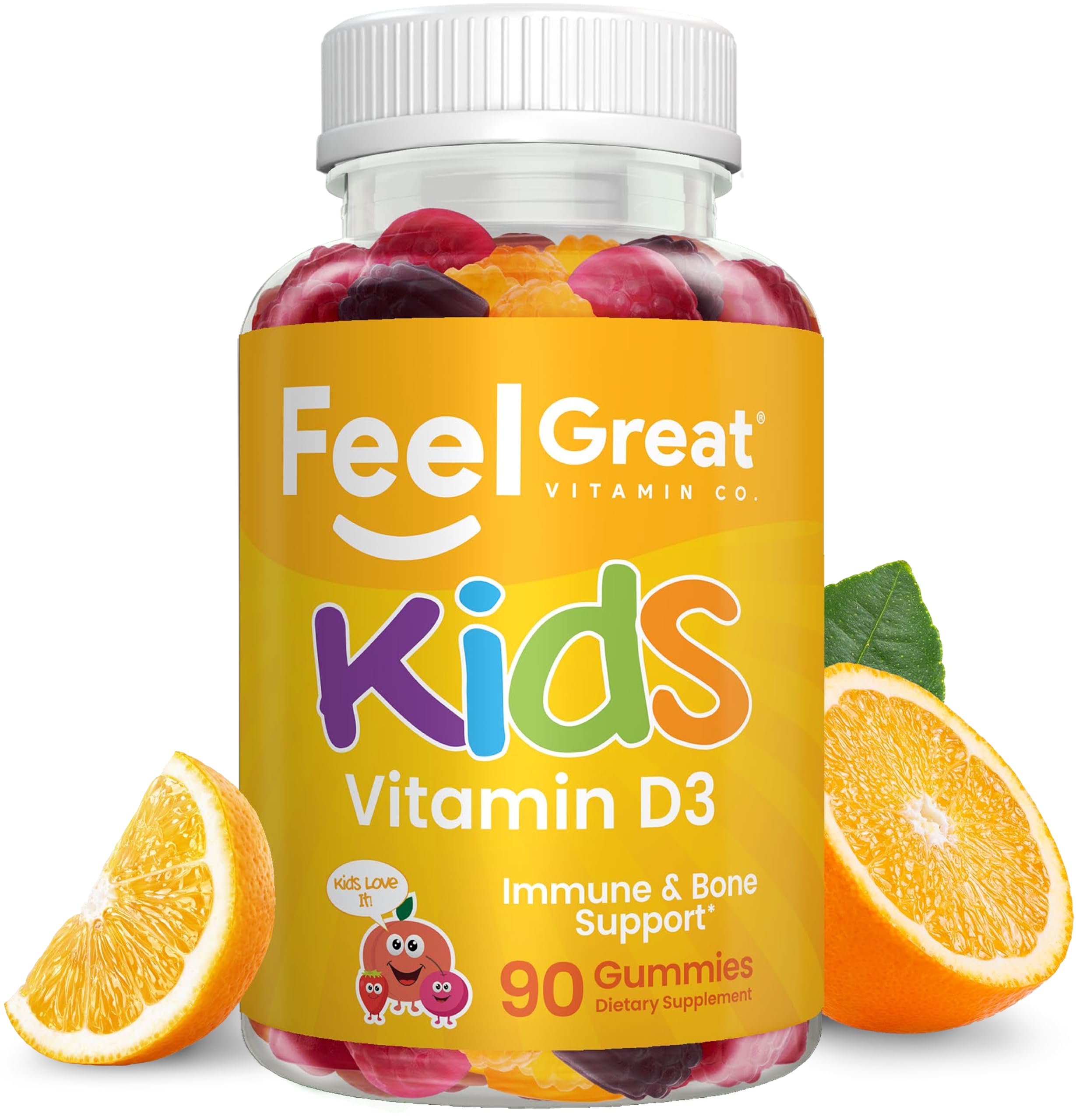 Feel Great Kids Vitamin D3 1000 IU | Kids Vitamin D Gummies for Healthy Bones, Mood, & Immune Support | Citrus Flavored Vegetarian D3 Gummies | 90 Day Supply
