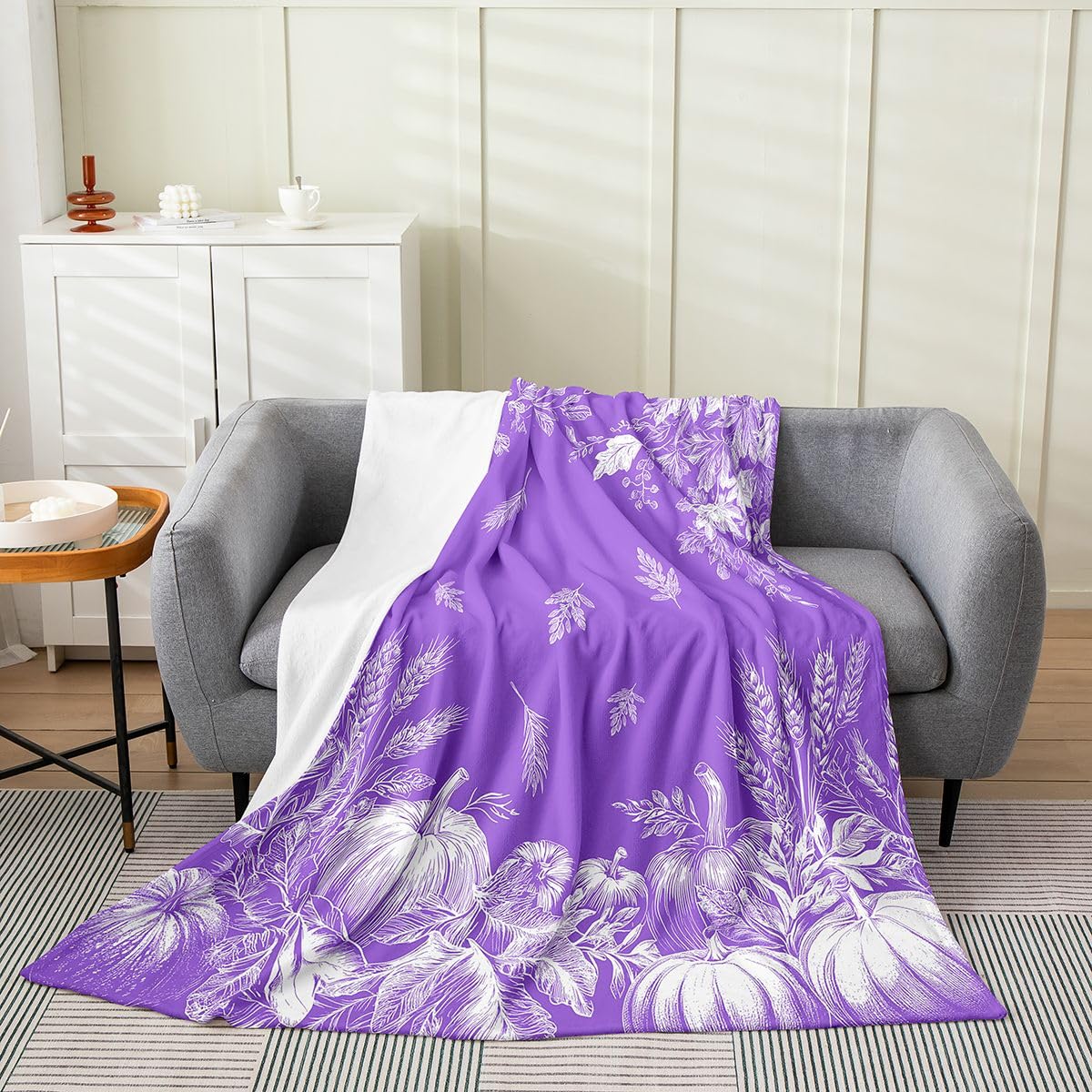 jejeloiu Fall Pumpkin Plush Throw Blanket Rustic Flannel Blanket Baby 30"x40" Farmhouse Autumn Maple Leaves All Season Vintage Country for Couch Bed Sofa Purple Bedroom Decor