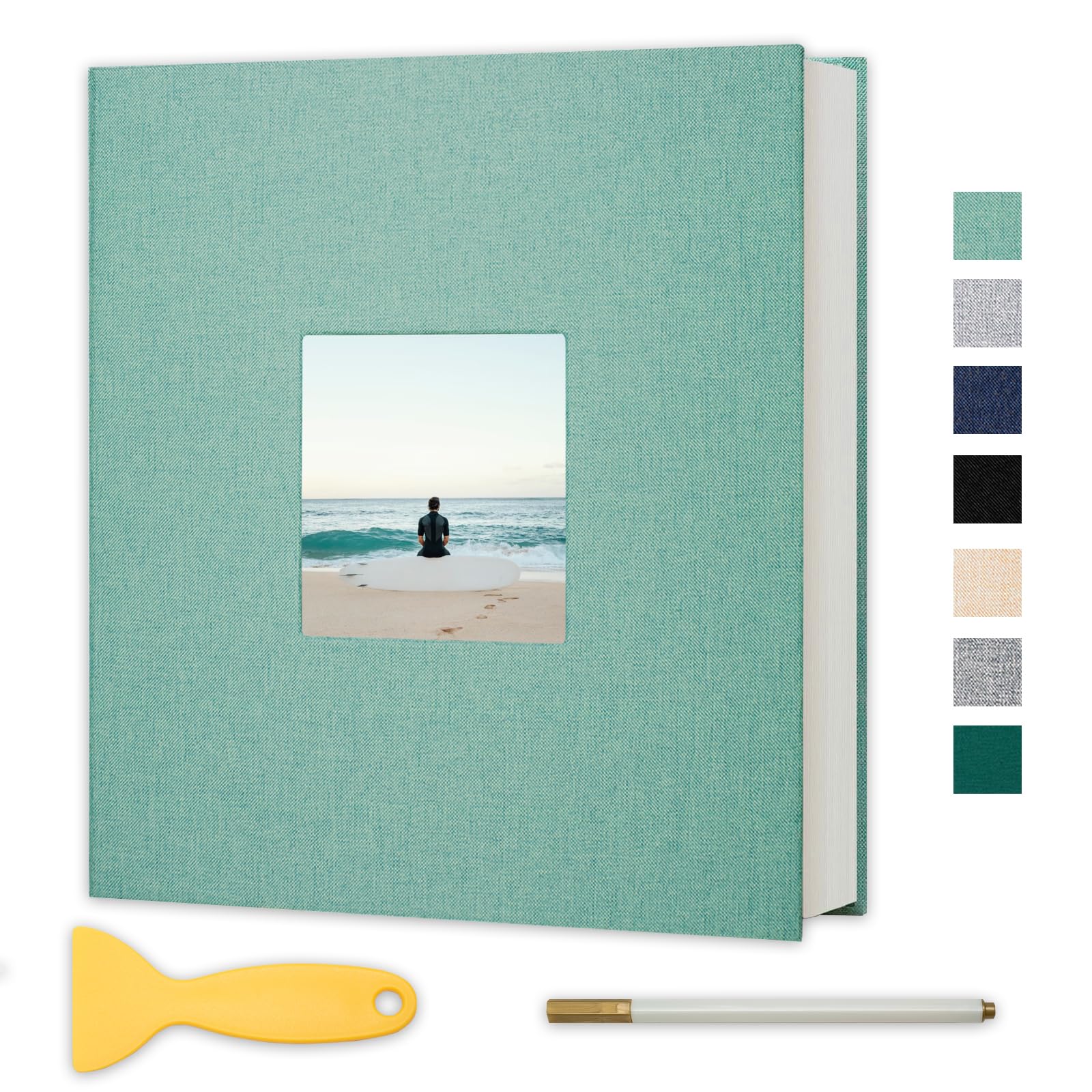 Self Adhesive Scrapbook Photo Album Large Pages Linen Scrap Book Holds 2x3 4x6 5x7 8x10 Photos for Wedding, Baby, Family, Graduation, Vacation Turquoise