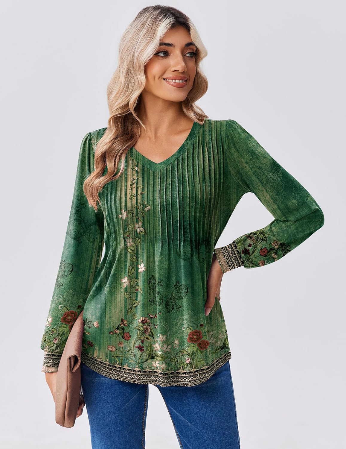 Zeagoo Long Sleeve Shirts for Women Casual V Neck Top Pleated Floral Boho Blouses 2026 Fall Tunics - Image 4