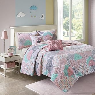 Kids Reversible Cotton Quilt Set - Vibrant Fun, Playful Print, All Season Children Bedding Coverlet Bedspread, Decorative Pillow, Bedroom Décor, Full/Queen, Cloud Pink 5 Piece