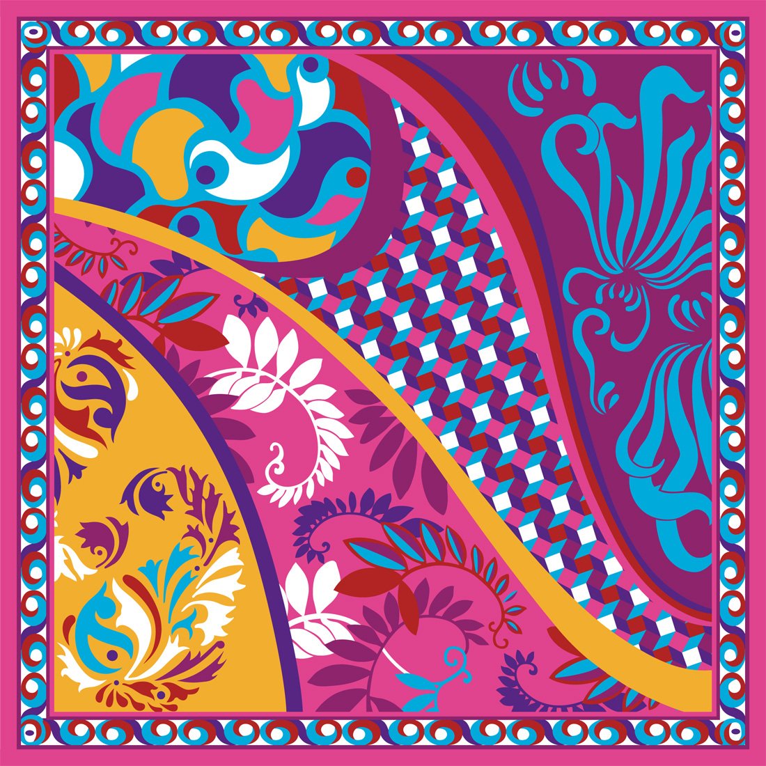 LORENZO CANA Foulard pour la femme – écharpe de 100% soie pour le printemps et l´été, carré avec les mesures de 90 x 90 cm – en violet rose turquoise bleu jaune blanc