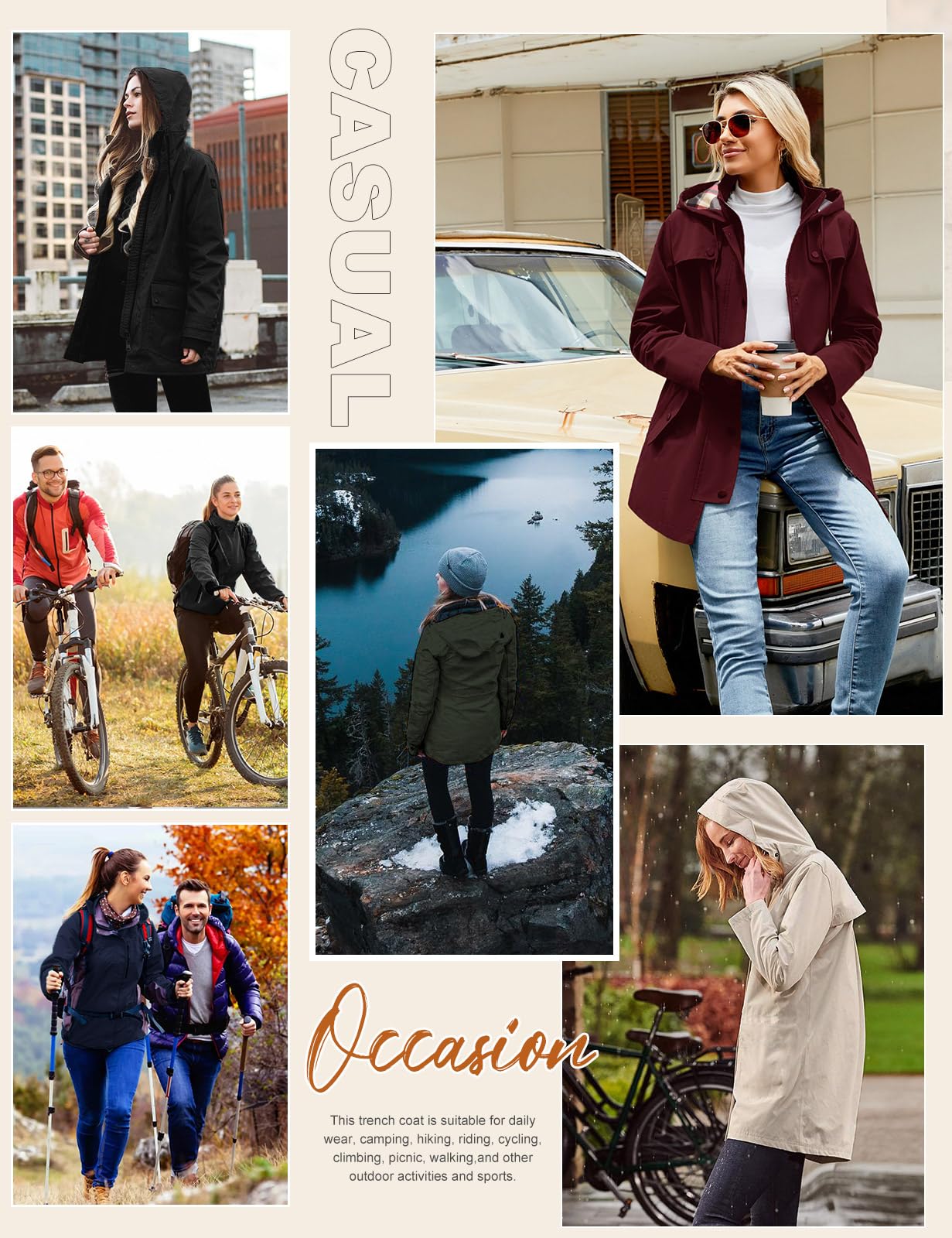 UMIPUBO Imperméables Vestes pour Femme Manteau à Capuche Impermeable Imperméable Longue Coupe-Vent Zip Poncho d'Extérieur Coupe Vent Veste de Pluie Printemps Automne