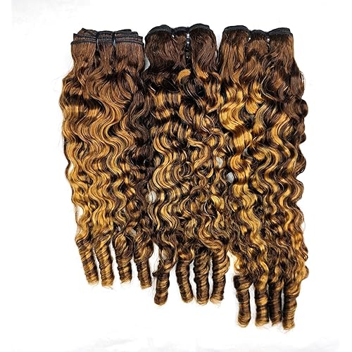 Honey Blonde Highlight Human Hair Bundles Ombre Brown Burmese Curly Bundles Human Hair 14 16 16 Inches 3Pcs 4/27 Water Wave Sew in Hair Extensions Quick Weave with Spiral End 3c4a for Women