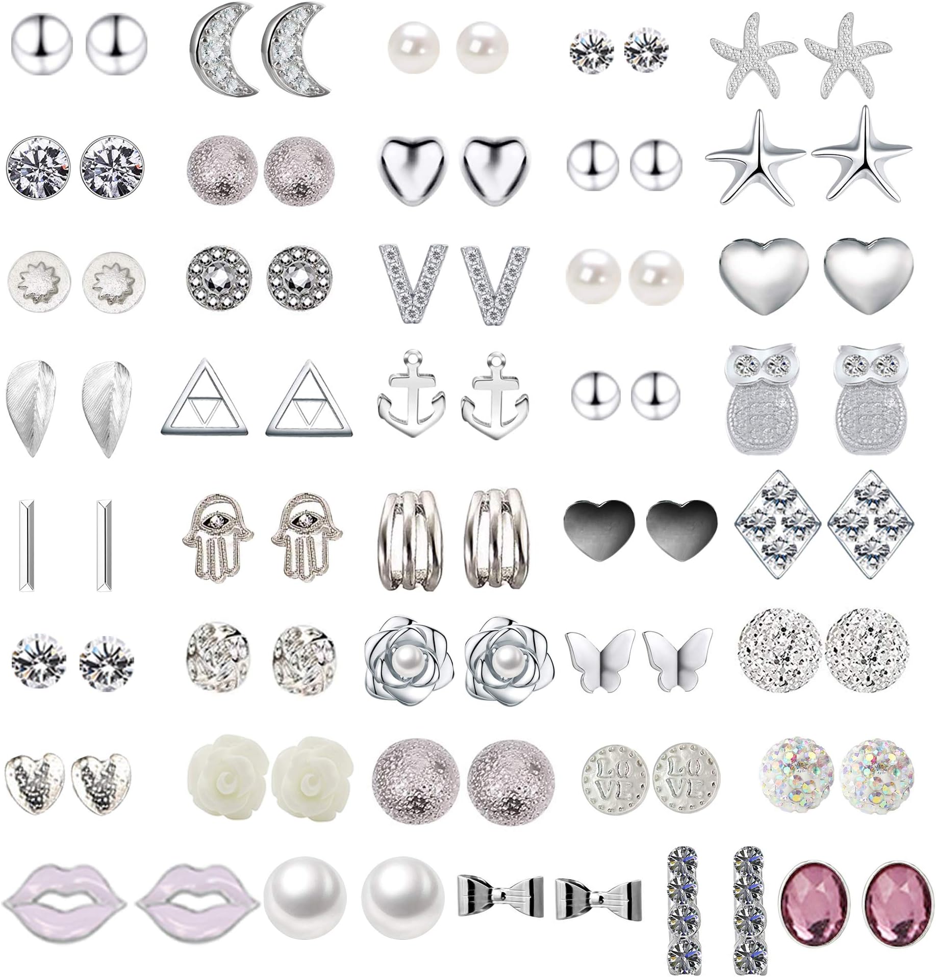 GUUTUUG 48/42 Pairs Assorted Multiple Stud Earrings Jewelry Set with Card for Women Girls Simple Hoop Earring Set