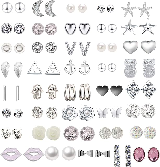 GUUTUUG 48/42 Pairs Assorted Multiple Stud Earrings Jewelry Set with Card for Women Girls Simple Hoop Earring Set