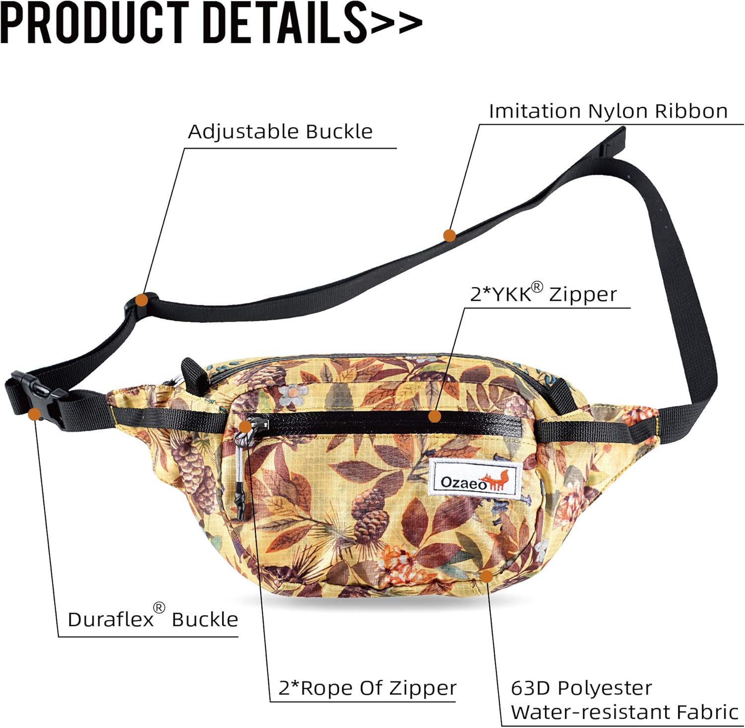 Ozaeo Travel Waist Bag, Water Resistant, Lightweight, Hiking Fanny Pack with 3-Zipper Pockets and Adjustable Strap Flower Colorful
