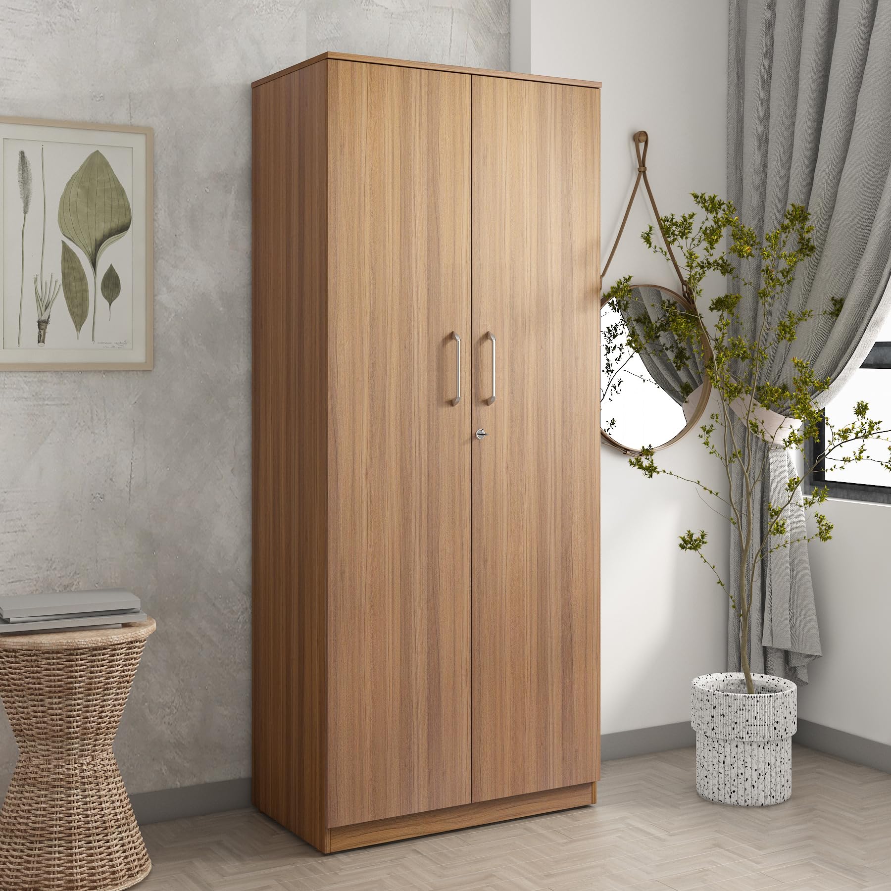 A GLOBIA CREATIONS Knox 2-Door Wardrobe | Engineered Wood | Exotic Teak Finish | Matte | Bedroom Storage | Hinged Doors | 4 Shelves | 1 Hanger Rod | Termite & Scratch Resistant | 3-Year Warranty-image-43