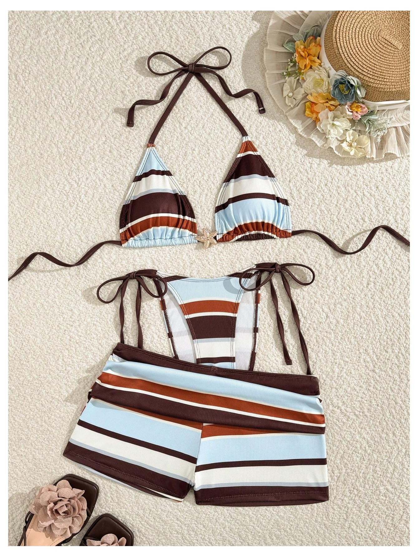 Damski 3-częściowy Strój Kąpielowy Kolorowy Blok Paski Wiązane Na Szyi Trójkątne Stringi Komplety Bikini Z Szortami Wielokolorowy Mały