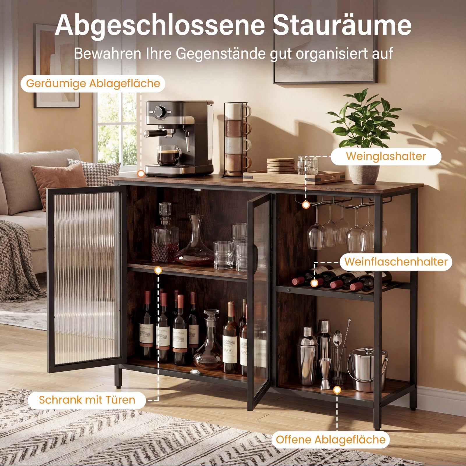 COSTWAY Weinschrank mit LED-Beleuchtung, Barschrank mit Weinregalen, Glashalter, Glastür & Steckdosen, Sideboard mit Metallrahmen, Buffetschrank industriell für Küche, Esszimmer, 110 × 35 × 82 cm