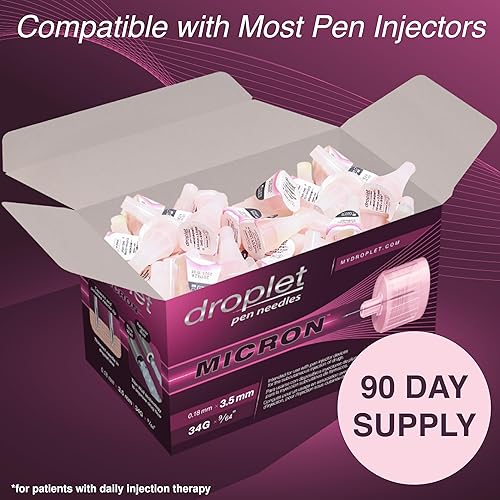 Miniatura 6 de Droplet Agujas para bolígrafo de micrón, 34G 0.138 in, agujas diabéticas para inyecciones de insulina, caja de 100 unidades, compatible con la