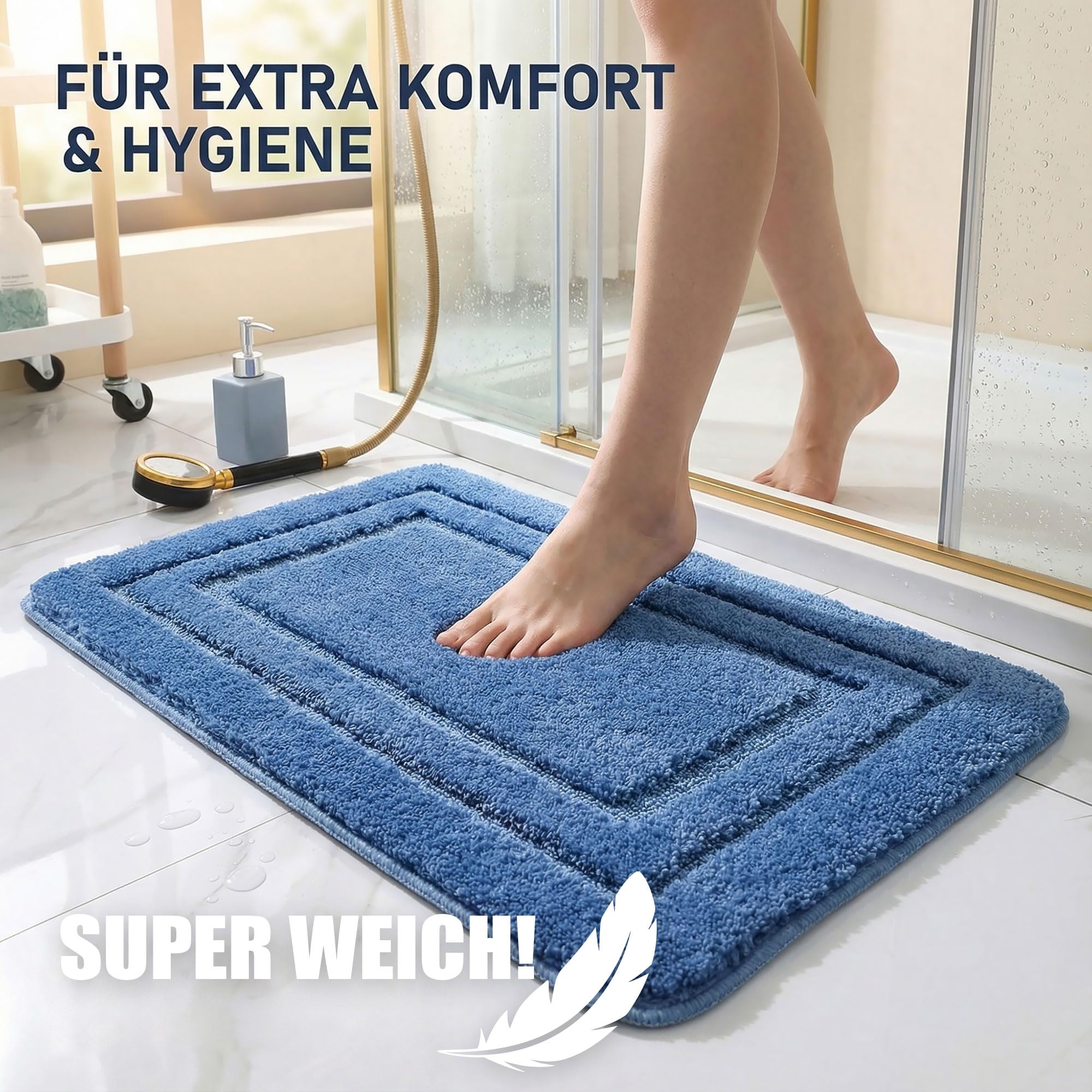 HELLSER Badezimmerteppich KIRA | Badematte rutschfest & Waschbar | Weicher Mikrofaser Badteppich | Saugfähig & Schnelltrocknend | Oeko-TEX Badvorleger für Fußbodenheizung | Blau | 60x120 cm