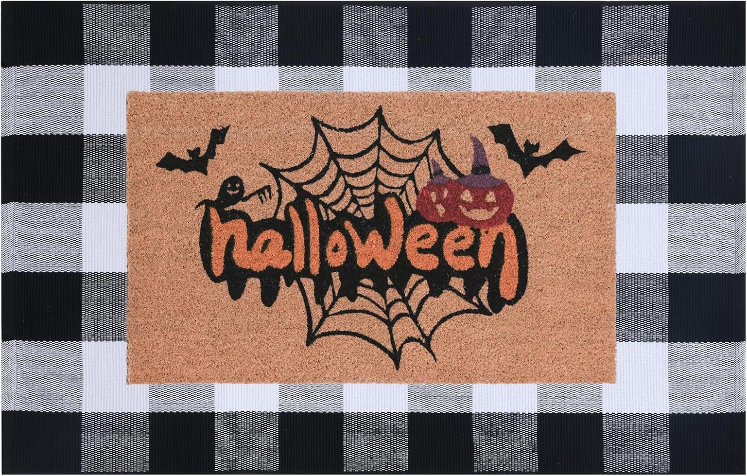 Halloween Welcome Door Mat Combo Set, Spider Web Coco Coir Doormat - 3'x5' Black and White Plaid Rug, Autumn Front Porch Entryway Decor Floor Mat 3'x5' Spider Web & Plaid Rug