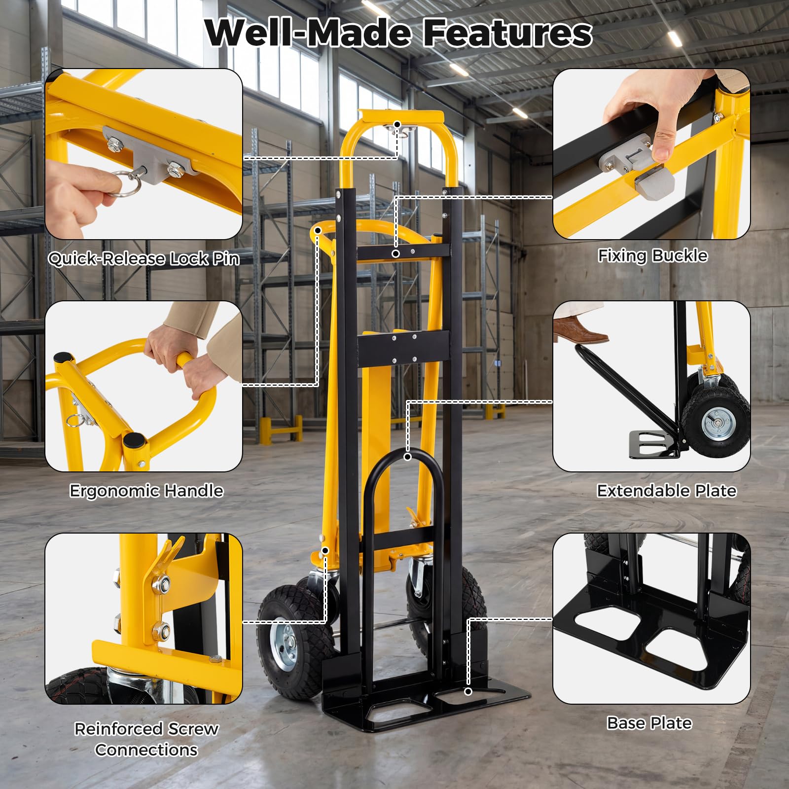 COSTWAY 3-in-1 Sackkarre & Transportwagen, Transportkarre max. 250KG & Plattformwagen max. 350KG, Klappbarer Handwagen mit Luftbereifung & Gummirädern, Handkarre Metall für Zuhause, Büro & Lager