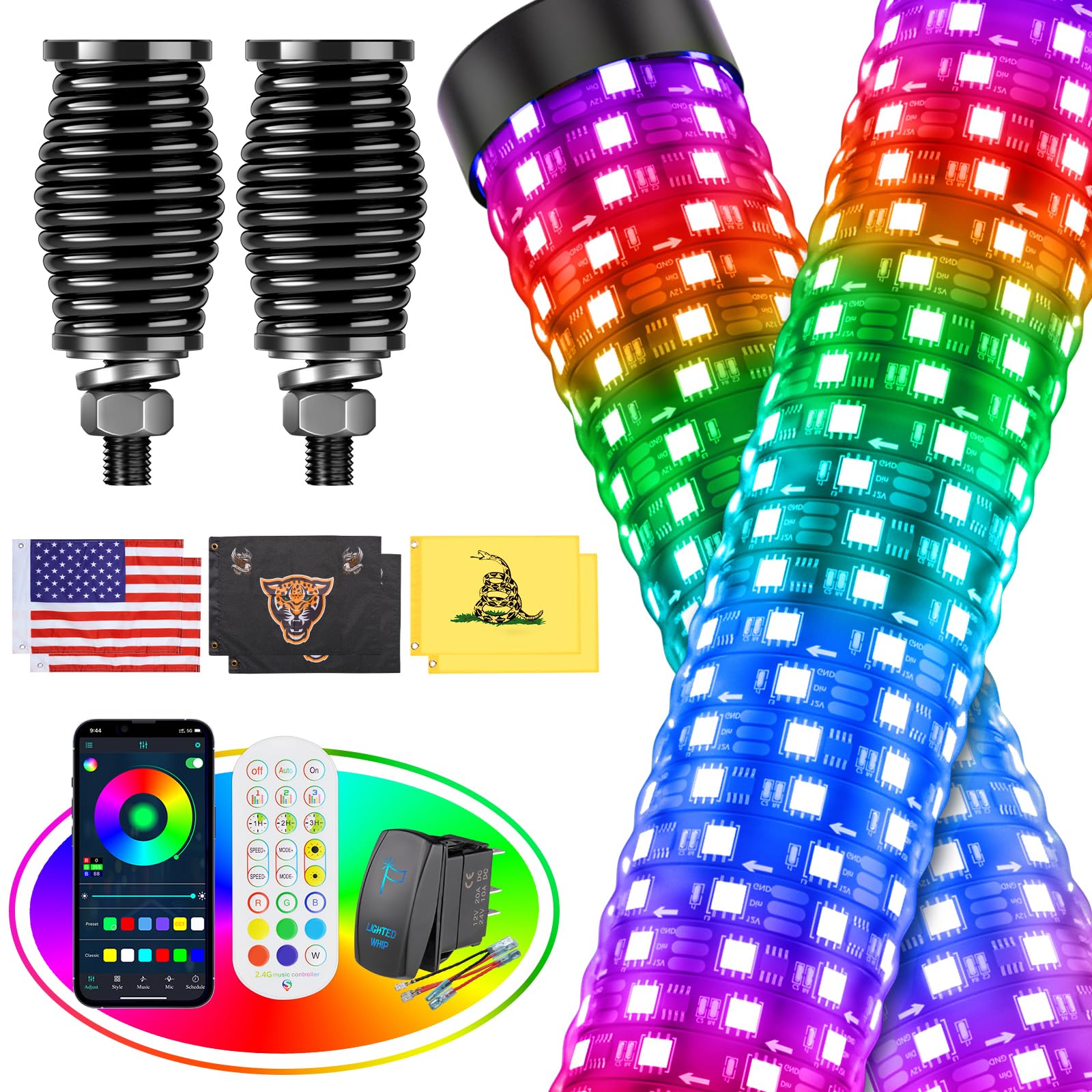 Photo 1 of Ehaho 2PCS 3FT Fat Whip Lights for UTV ATV with Spring Base, Led Fatty Whip Light W/Rocker Switch & 6 Flags, Brighter Spiral Chasing Lighted Antenna Whip with APP & Remote Control for RZR SXS Can-Am