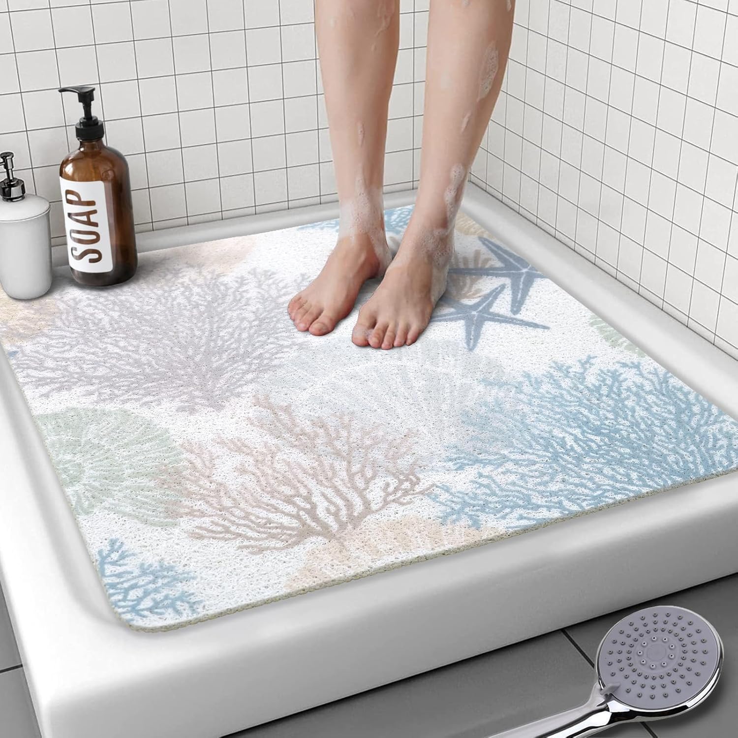 Square Shower Mat, 24 x 24 Inch Non Slip Starfish Shower Stall Mat, Quick-Dry PVC Loofah Bath Mat for Shower Tub Bathroom