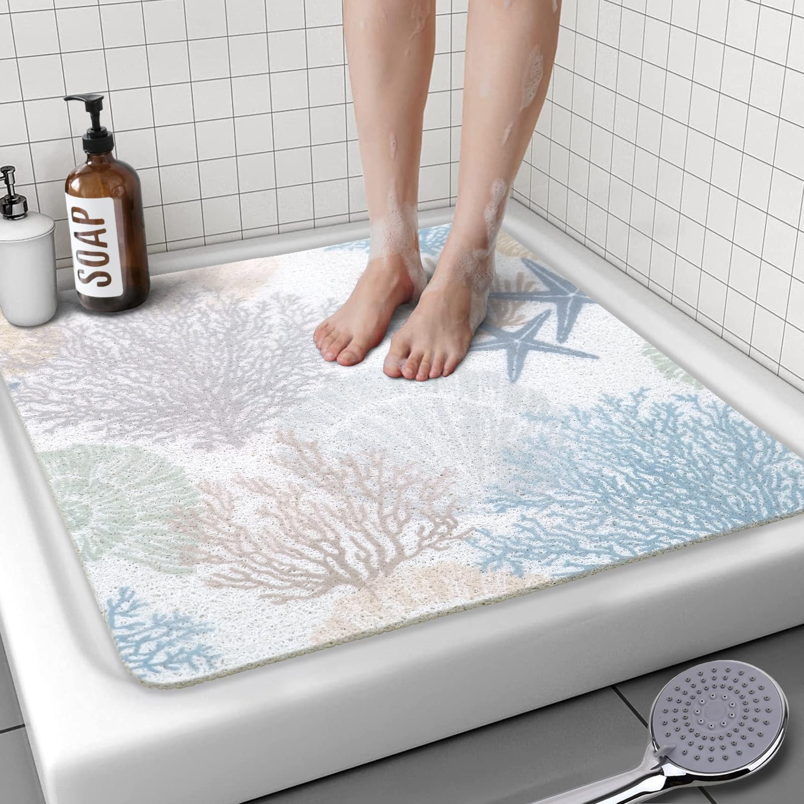 Square Shower Mat, 24 x 24 Inch Non Slip Starfish Shower Stall Mat, Quick-Dry PVC Loofah Bath Mat for Shower Tub Bathroom