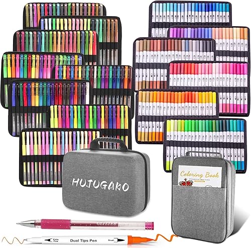 HUJUGAKO Juego de 452 bolígrafos de dibujo de colores, 160 bolígrafos de gel de colores con 160 recambios y 132 marcadores de doble punta de color