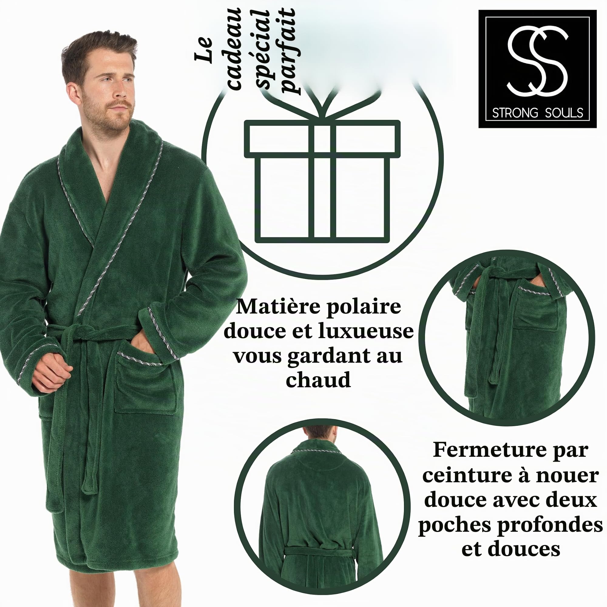 Strong Souls Peignoir en Polaire de Luxe pour Homme Doux et Chaud Peignoir Cadeau pour Homme