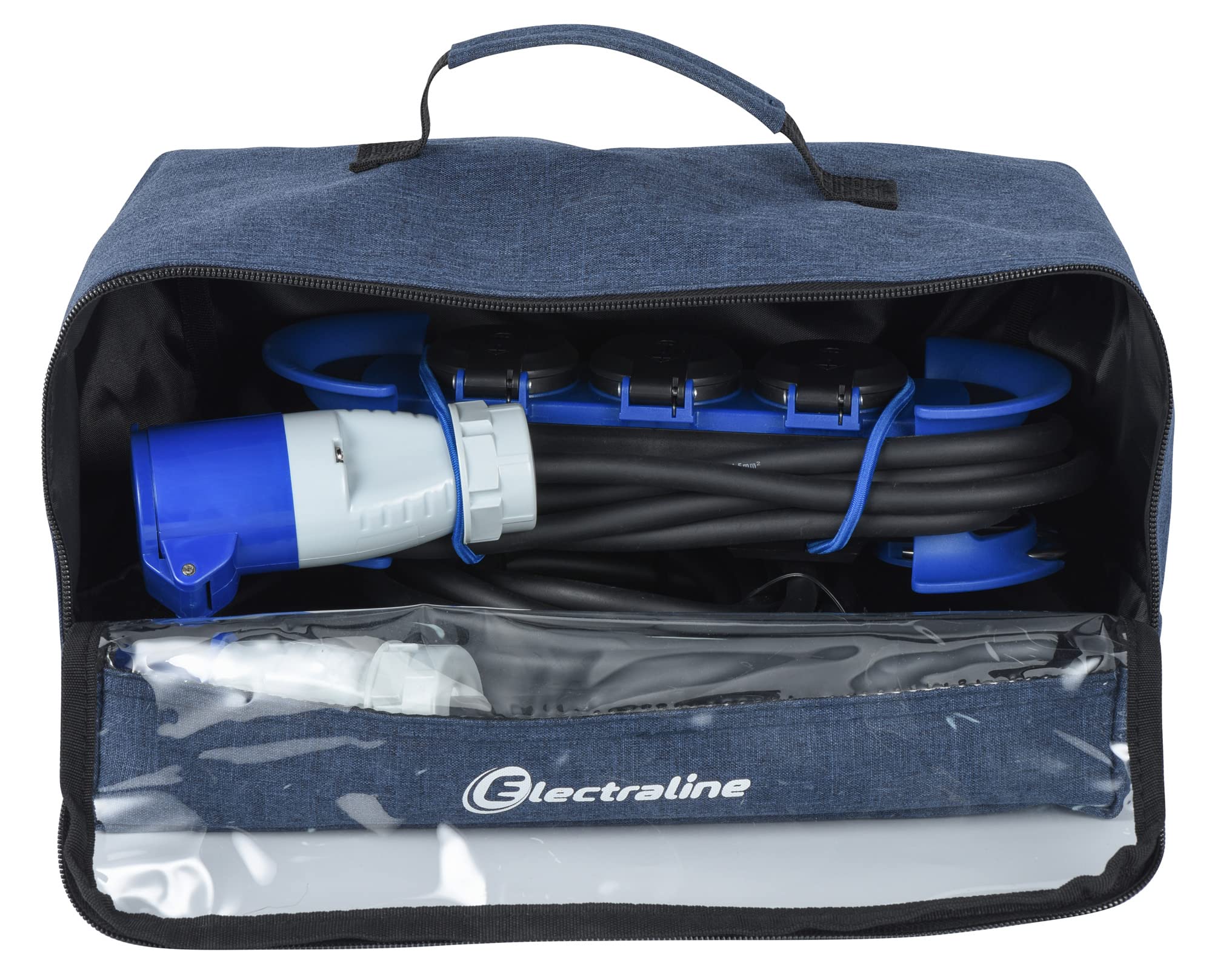 Electraline 62575 Regleta Base Multiple/Prolongador IP44, 1 Toma CEE + 3 Tomas Schuko con Enchufe CEE IP44, Colgante con 2 Ganchos, Cable de Goma H07RN-F 3G1.5 10M, para Campistas, Caravan, Camping