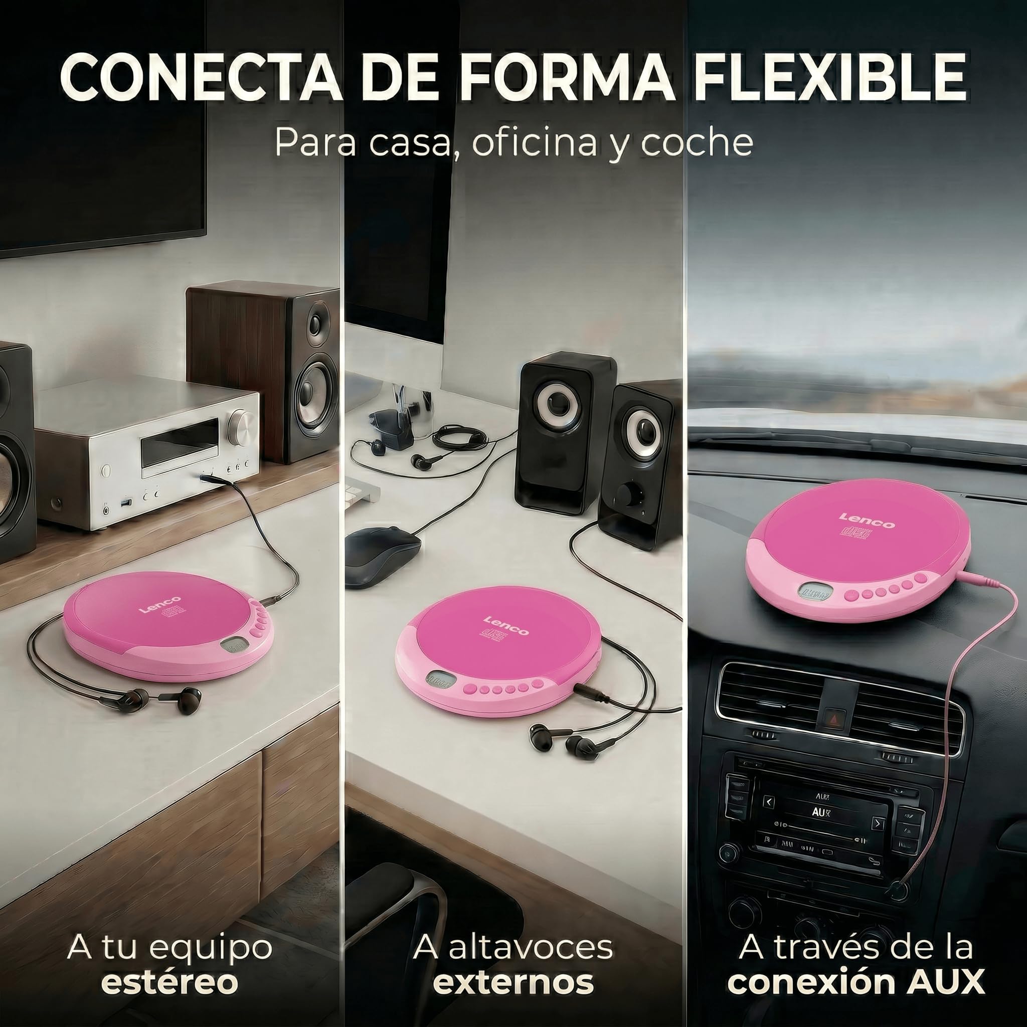 Lenco CD-011PK - Reproductor de CD portátil con función de carga de batería - Pantalla LCD - Diskman - CD walkman - con auriculares y cable de carga micro USB - Rosa