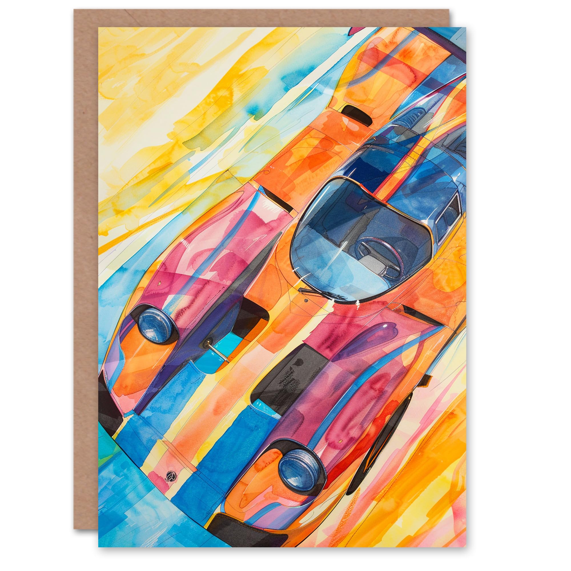 Artery8 Colourful Race Car Bright Watercolour Painting For Him Man Birthday Card