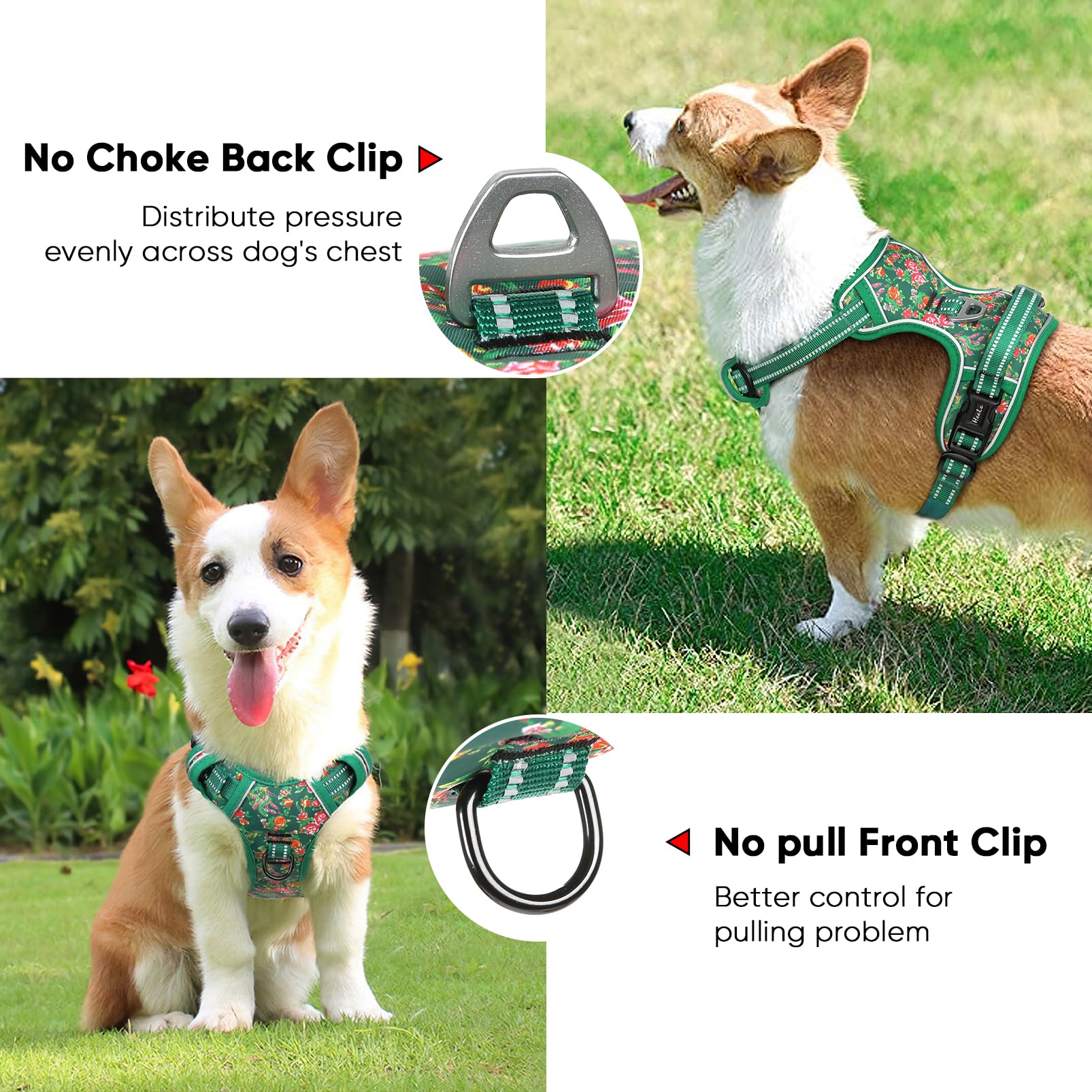 HEELE Pettorina Cane, Imbracatura Sganciata Rapido dal Collo, Pettorina Anti-tiro Riflettente e Regolabile con Maniglia Comoda, Morbida e Imbottita per Cani, Floral-Verde-Serratura S