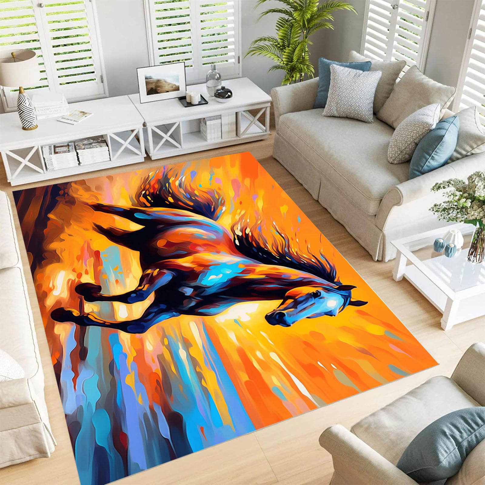 Tapis salon poil ras cheval sauvage 180x270cm orange brûlé motif peinture huile