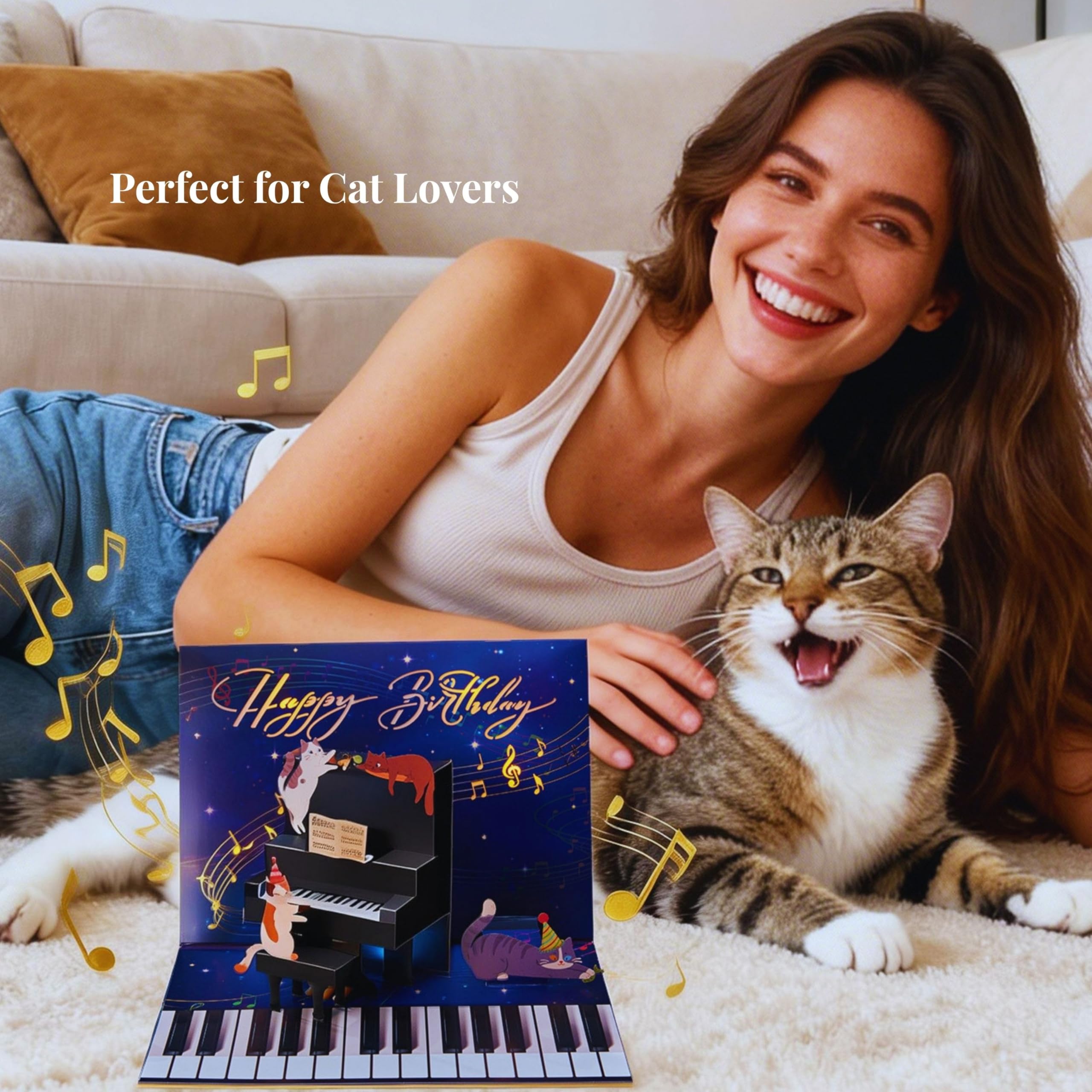 Biglietto di auguri pop up con luci a LED, con gatto 3D che suona il pianoforte, biglietto di auguri musicale con busta, regalo di compleanno per amanti dei gatti, musicisti, bambini, donne