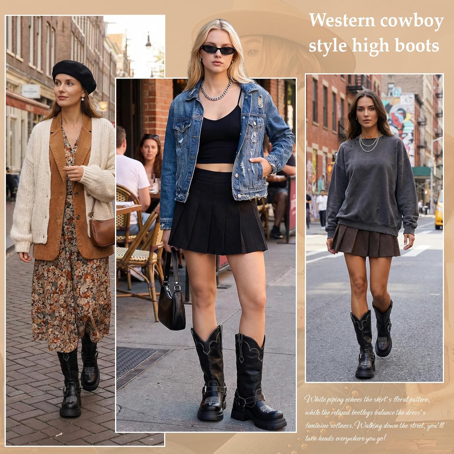 HiColor women's black leather western cowboy boots with buckle & round toe chunky heel shoes