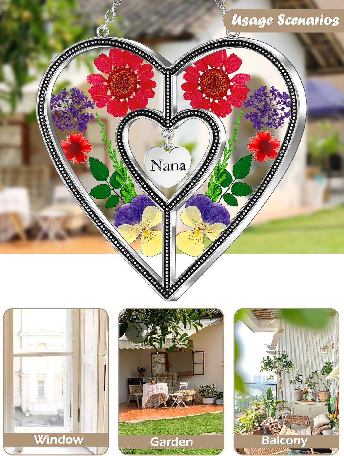 KY&BOSAM Nana Heart Suncatcher Stained Glass Panel Suncatchers for Windows Hangings Ornament Wind Chimes Pressed Flower Embedded in Glass and Heart Charm Birthday Gifts for Nana Mothers Day Home Decor