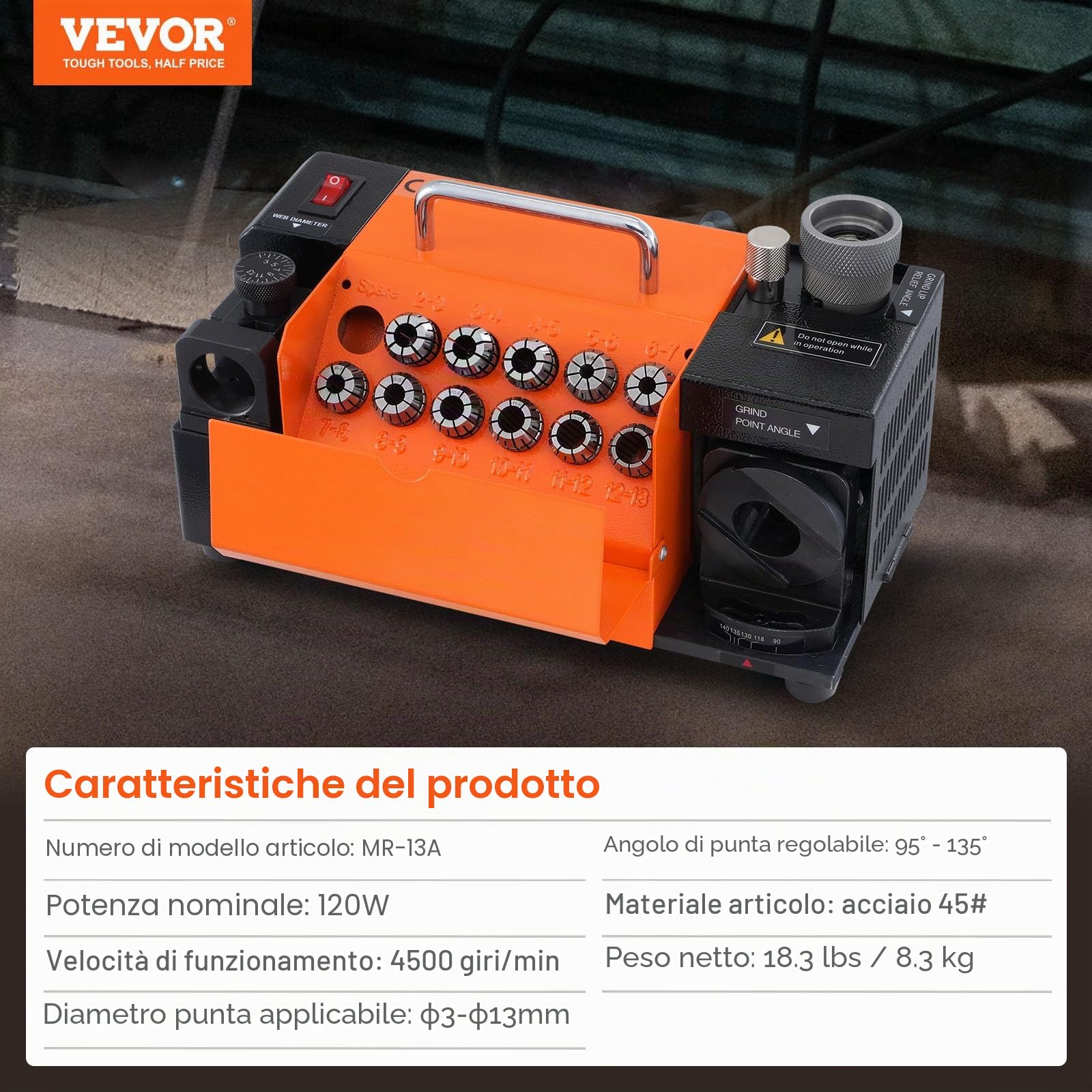 VEVOR Affilatrice per punte da trapano, MR-13A, affilatrice per punte da trapano da 3-13 mm, angolo di 95° a 135°, affilatrice portatile, con 11 pinze, ruota CBN per HSS