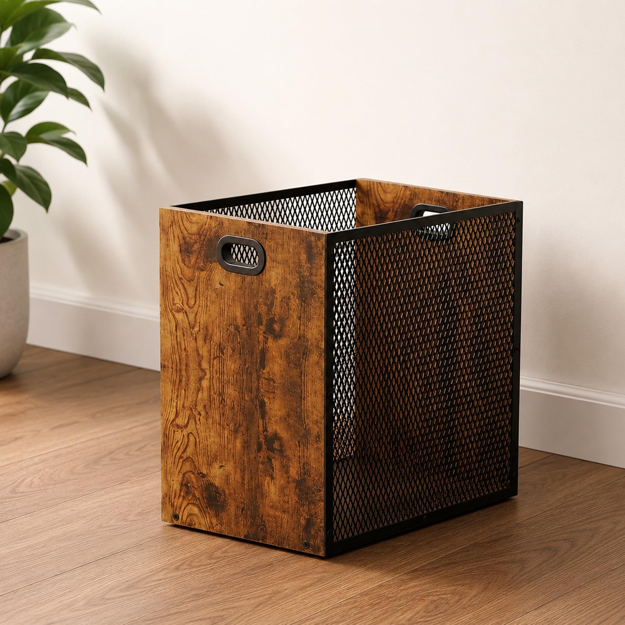 Retro Wooden Bin Office Trash Can, Mid Size 17L Industrial Waste Basket