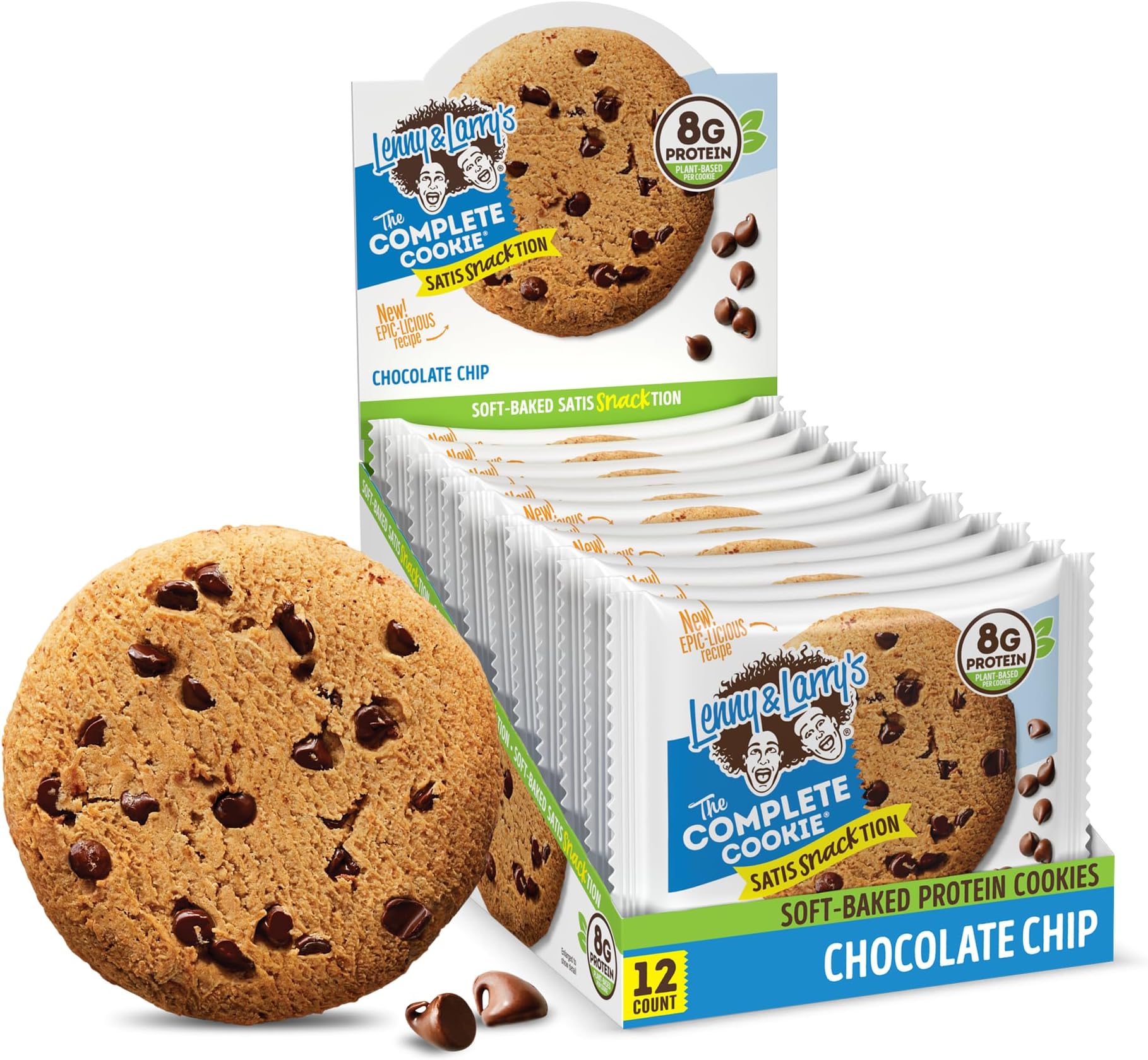 Lenny & Larry's Complete Protein Cookie, [Chocolate Chip], Chewy Soft Baked, 8g Plant Protein, Vegan, Non-GMO, High Fiber, [2 Ounce] Cookie (Pack of 12)