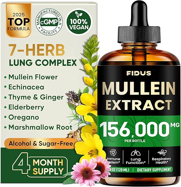 Fidus Mullein Drops for Lungs & Lymphatic Drainage – 7 Herb with Echinacea, Oregano, Ginger, Elderberry, Marshmallow Root & Thyme– Lung Detox for Smokers– Respiratory & Immune Support, 4 fl oz