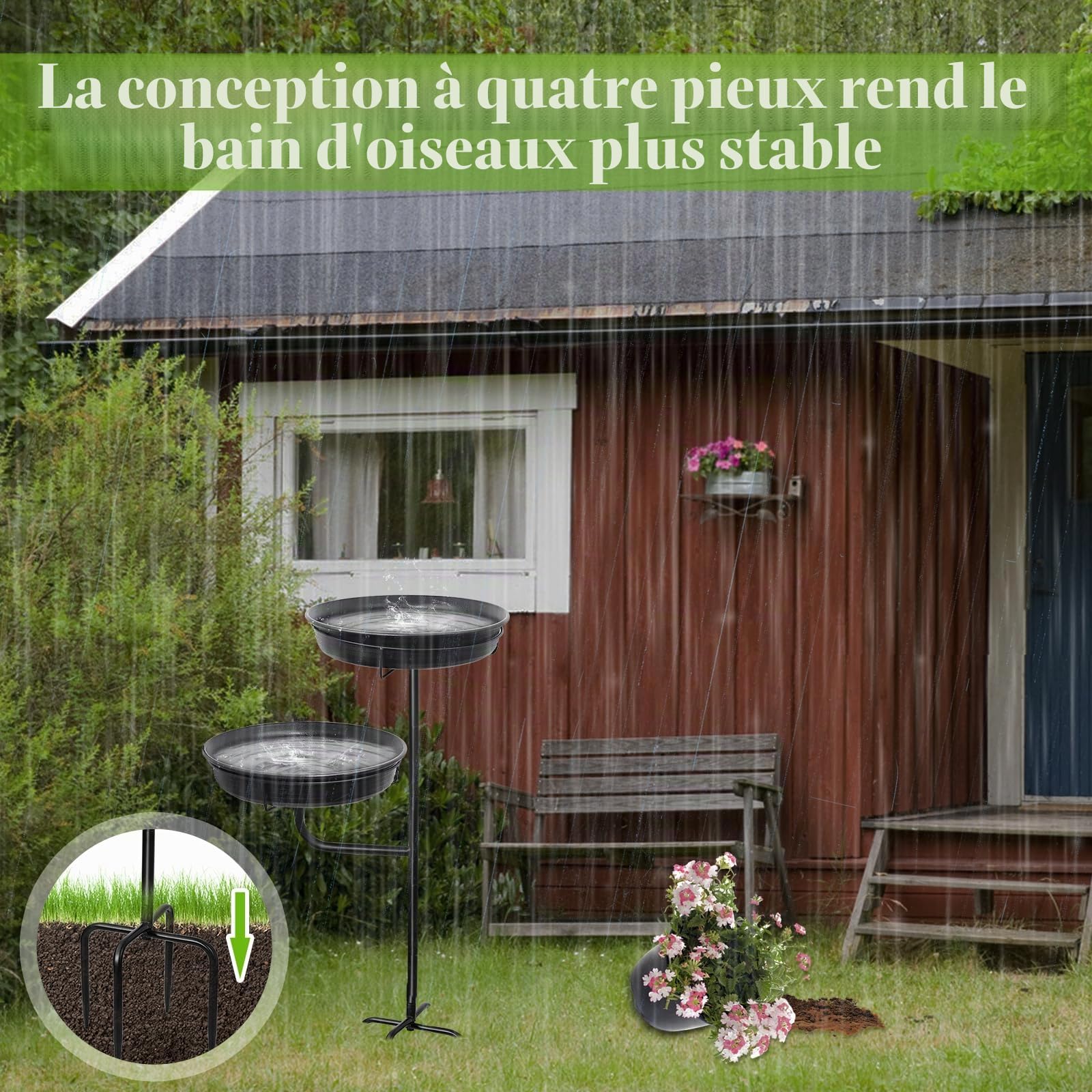 Bain d'oiseaux - Bain d'oiseaux debout - Bain d'oiseaux sauvages - Abreuvoir d'eau pour oiseaux sauvages - Jardin sur pied - Bol de bain pour oiseaux (noir)