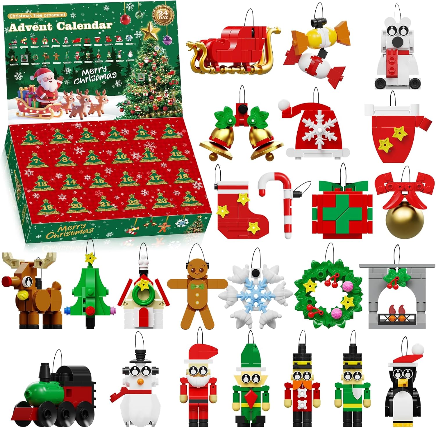Advent Calendar 2026 Christmas Ornaments Building Set Compatible with Lego, Santa Wreath Gingerbread Reindeer 24-IN-1Building Toy, 24 Days Countdown to Christmas Toys - Gifts for Kids Boys Girls