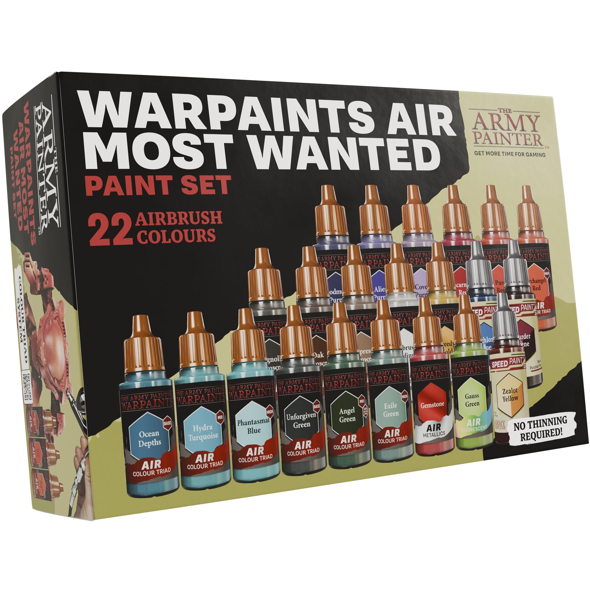 The Army Painter, Warpaints Air Most Wanted Paint Set, 22 x 18 ml | 19 farb akrylowych do aerografu, w tym 2 metaliczne, 1 fluo, 1 medium i 3 Speedpainty, do modeli i figurek