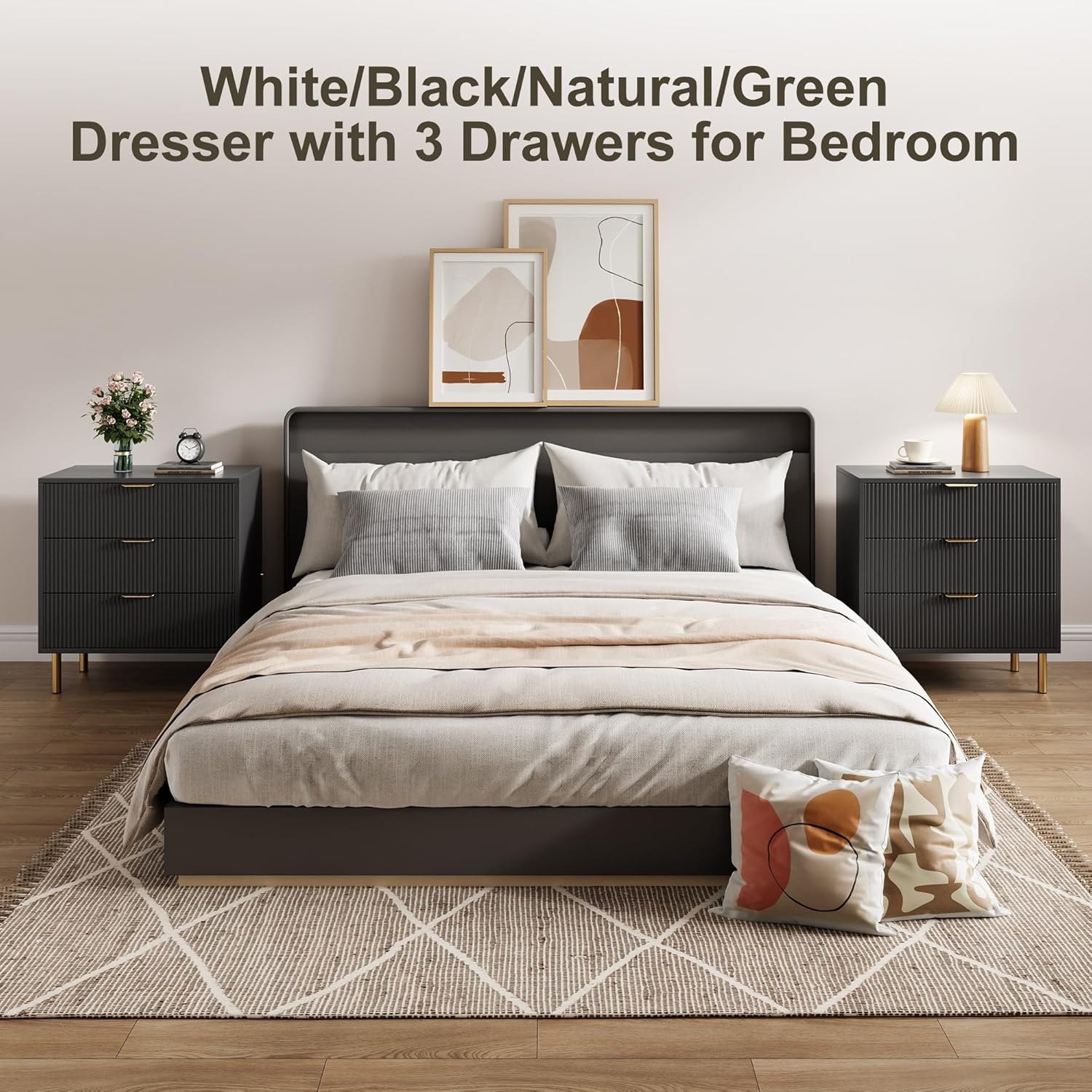 Black 3 Drawer Dresser for Bedroom, 30" Tall Modern Chest of Drawers with Gold Metal Handles & Anti-Tipping Device, Fluted Wooden Dresser Organizer for Living Room, Hallway, Kids Room