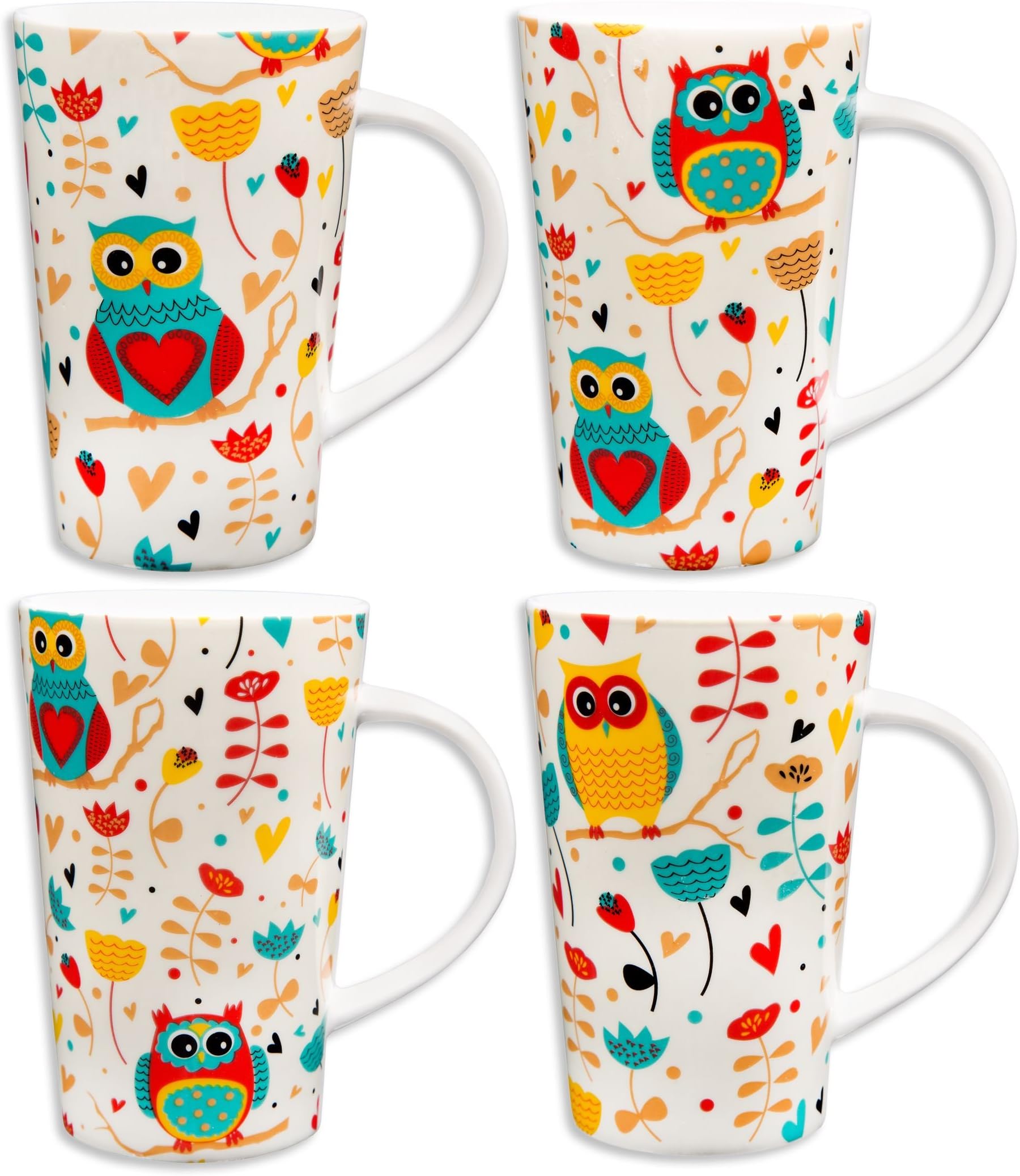 Colorful Tasty Ceramic Coffee Mug with Handle – Set of 4 Ceramic Tea Cups Set - Tall Ceramic Latte Mugs Set - 14 oz. (Owl)