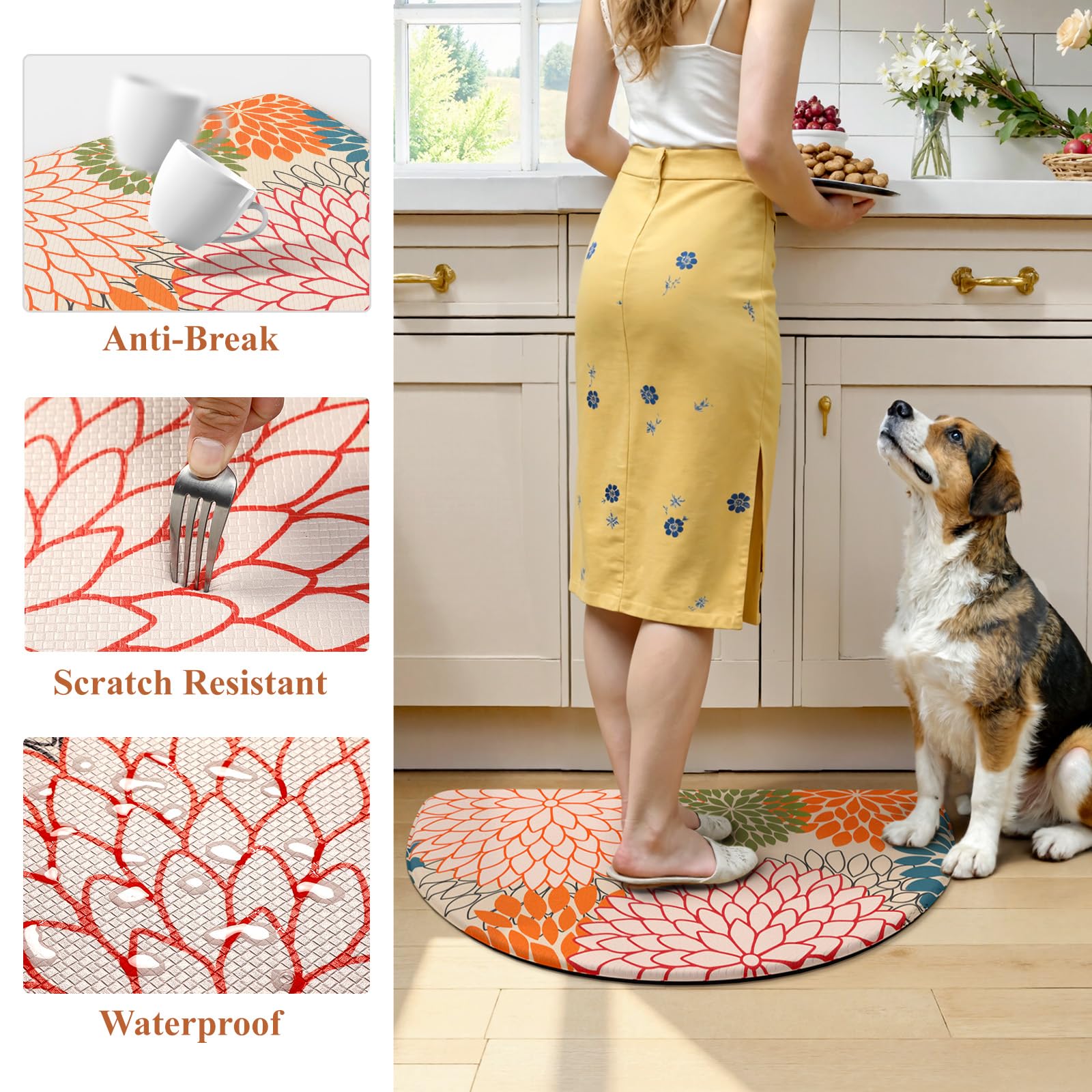 KIMODE Halbrunde Küchenmatten für Boden, gepolstert, Anti-Ermüdung, halbrund, Boho-Küchenteppich, rutschfest, wasserdicht, gepolstert, Küchenbodenmatte, Teppichdekoration für Waschbecken, Waschküche