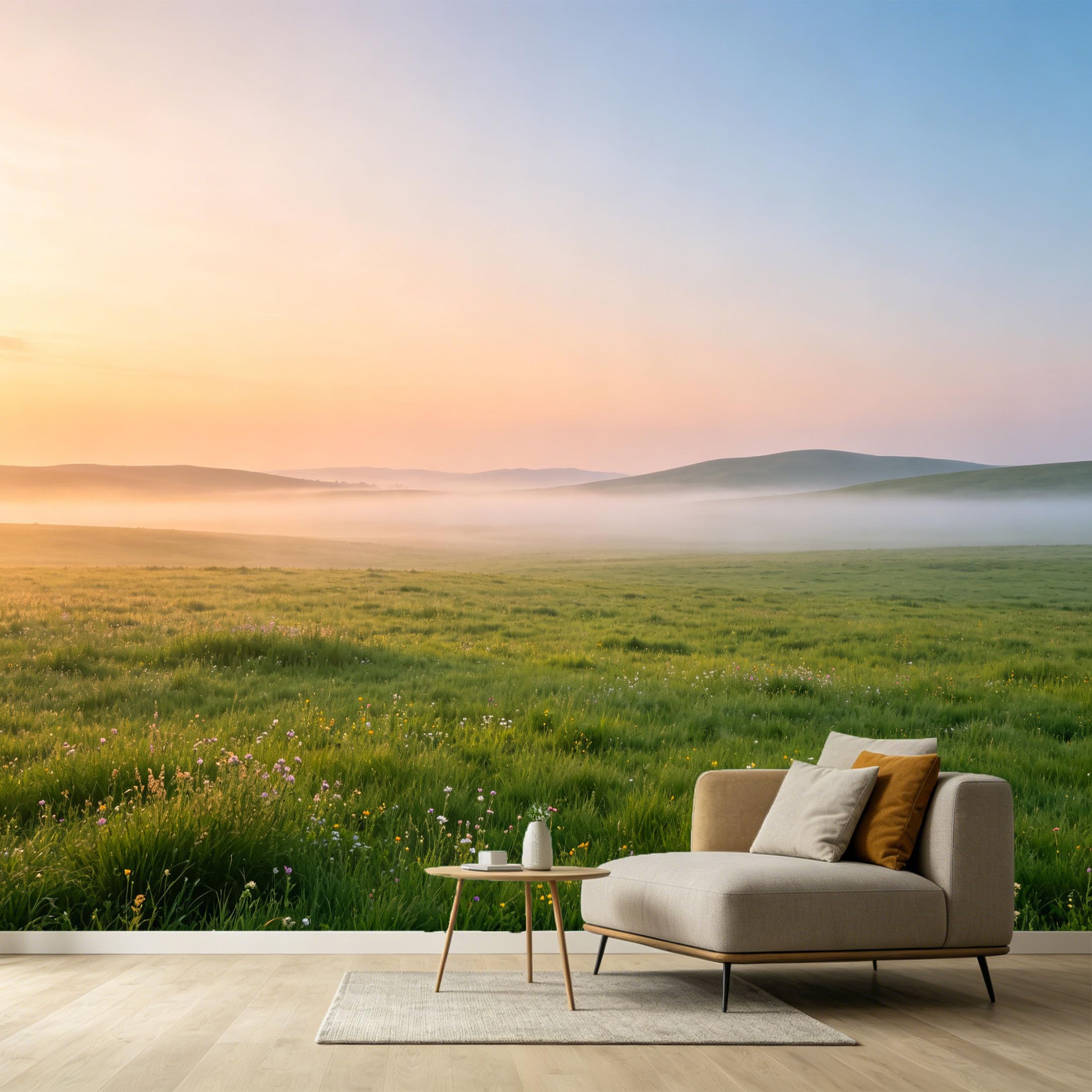 Custom Size Wall Murals Misty Meadow Landscape Sunrise Horizon Nature Photography SelfAdhesive Wall Fabric Removable Large Wallpaper for Photo Living Room