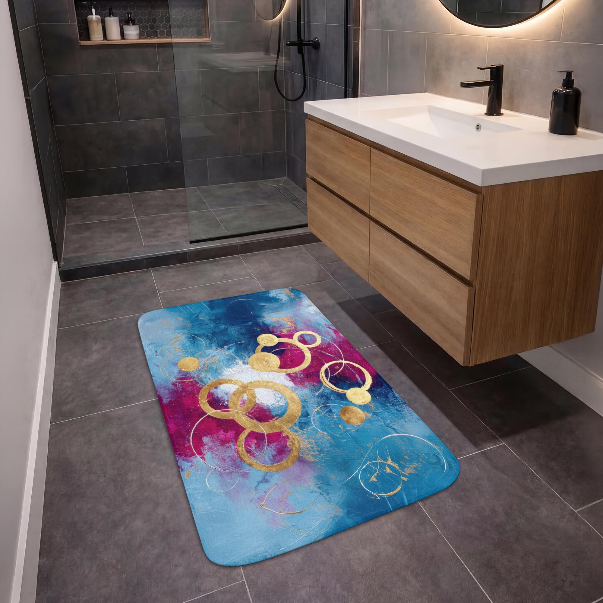 Alfombra De Baño Rectangular 60x90 cm Bathroom Bath Mat Lavable Tapete Antideslizante Alfombras Ducha Decoracion Alfombrilla Círculos - Oro - Abstracto