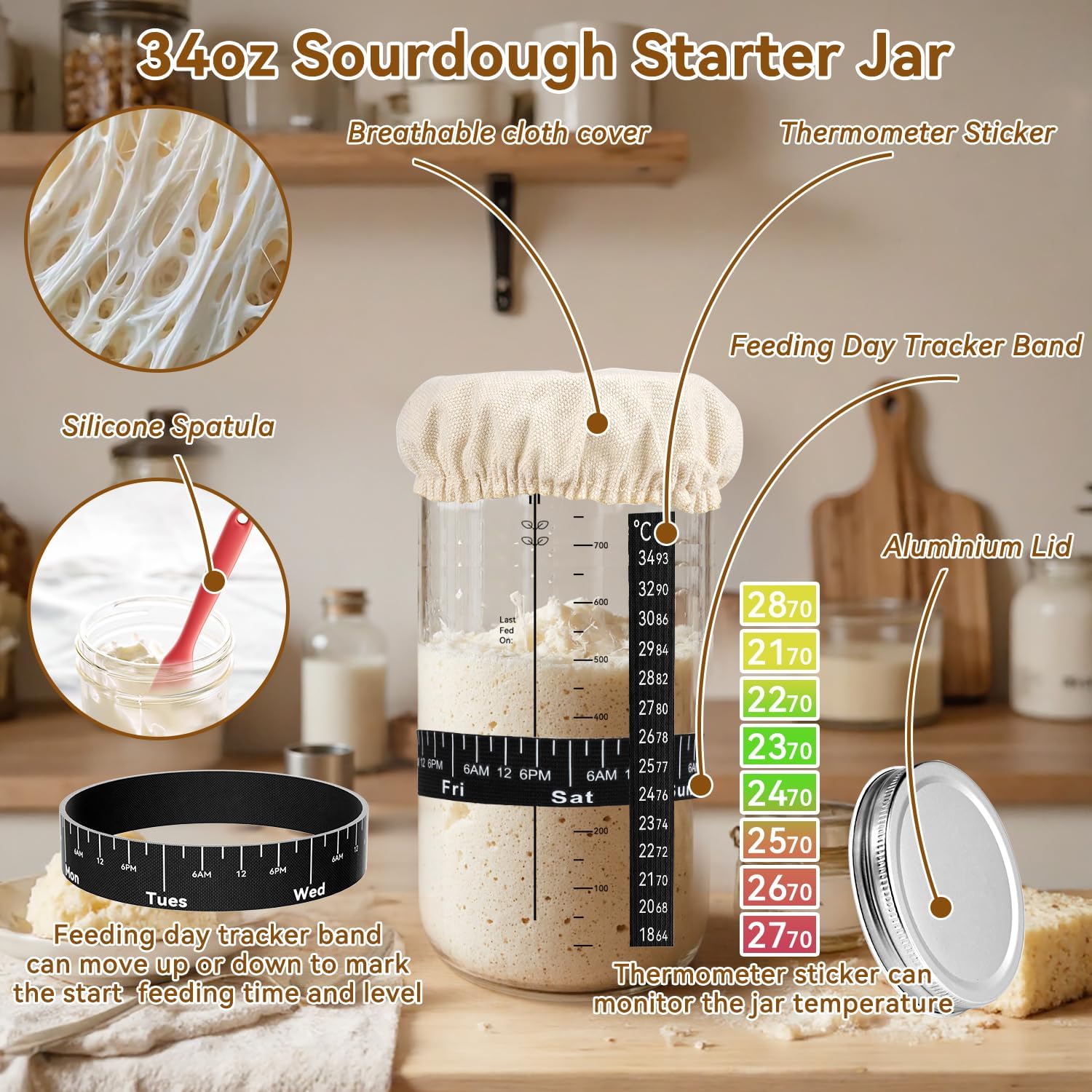24 PCS Sourdough Starter Kit w/ 34oz Sourdough Starter Jar, Sourdough Bread Baking Supplies 9" Round & 10" Oval Silicone Banneton Bread Proofing Baskets & Baking Tools Set, Ideal Gift for Baking Gift - Image 2