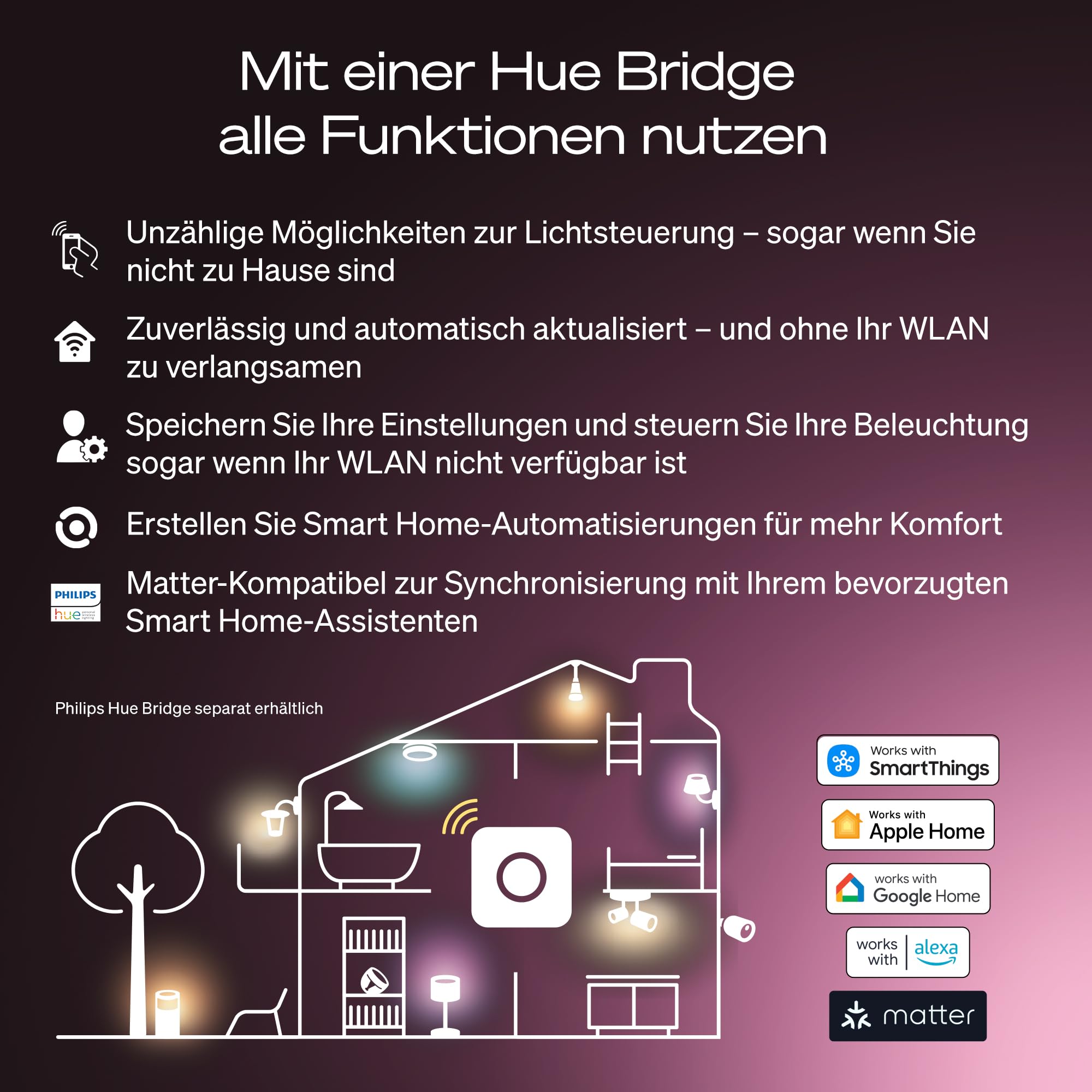Philips Hue Smart LED A60 Lampe, Weiß und Color Ambiance, E27 Fassung, 6W, Vollspektrumlicht 1000K-20000K, 810 Lumen, dimmbar, kompatibel mit Alexa, Google Assistant und Apple Home, 4er Pack