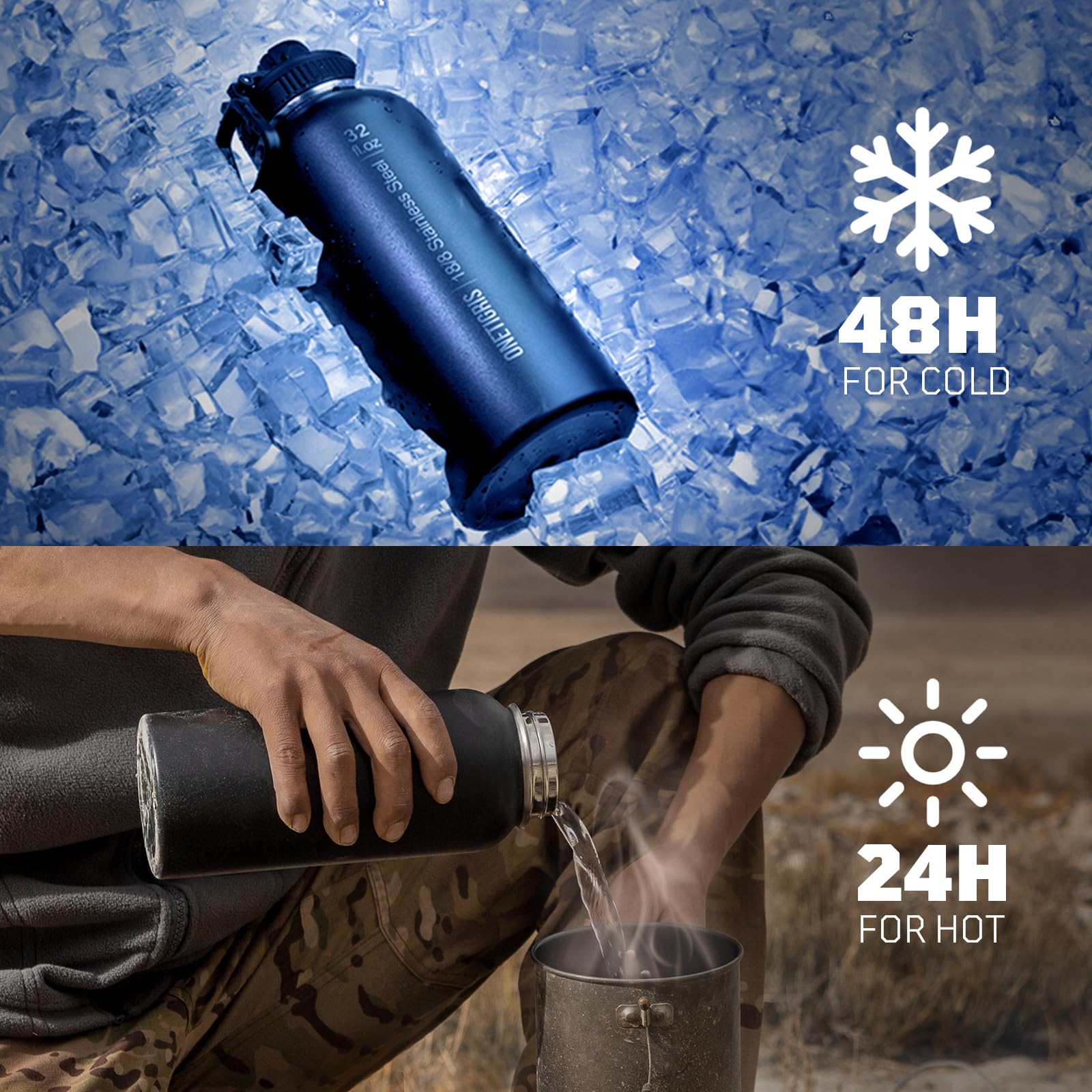 ONETIGRIS Botella de agua aislada de 32 onzas con pajilla, jarra de agua táctica de acero inoxidable, botella deportiva de boca ancha a prueba de fugas con 3 tapas y funda para viajes, gimnasio