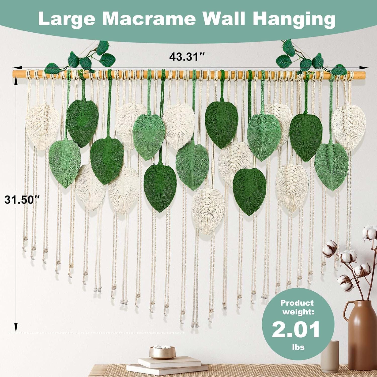 Large Macrame Wall Hanging Handmade Boho Tapestry 43"x32" - Wall Art Decor for Living Room, Bedroom, Wedding (Green)