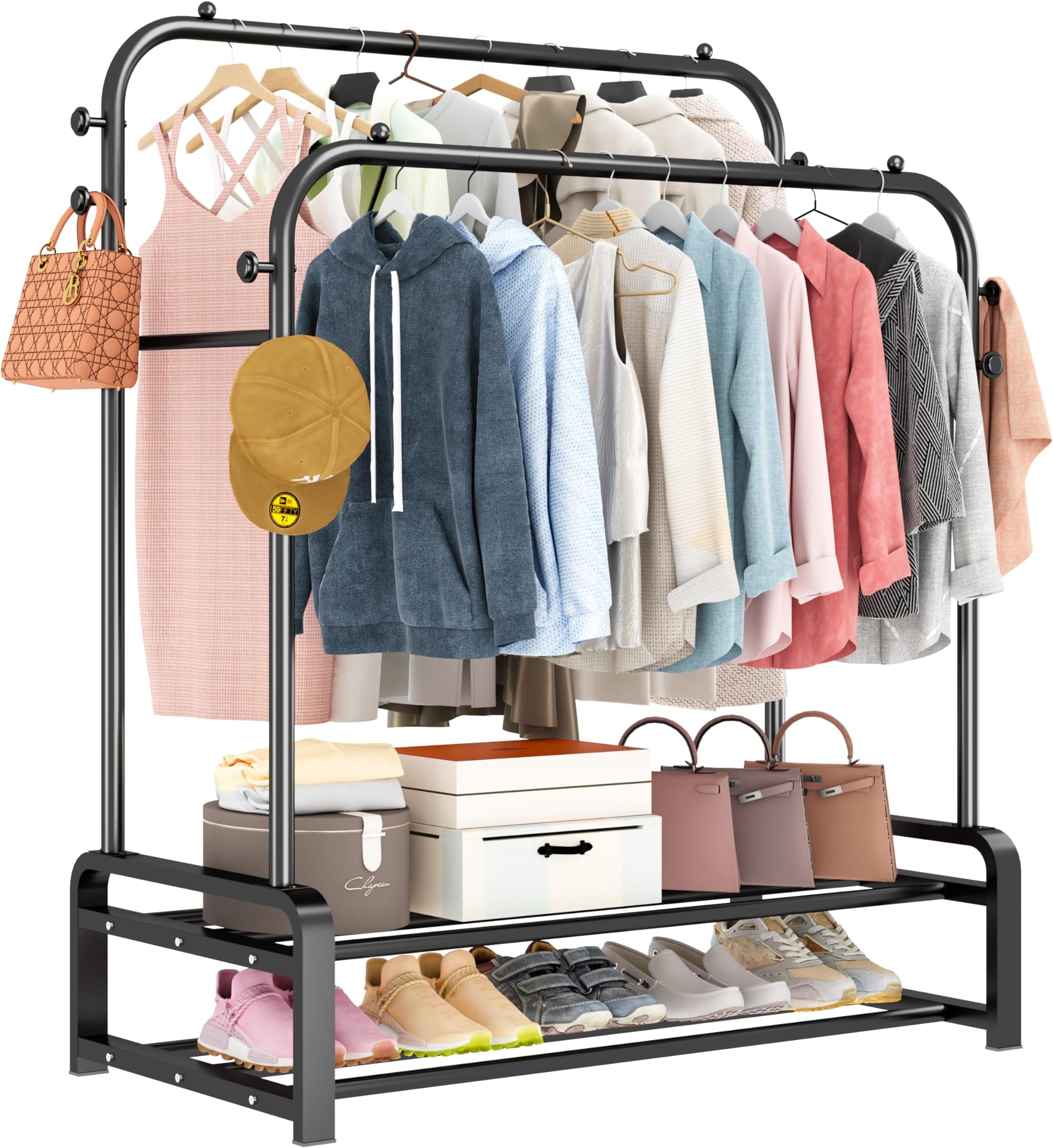 SMILOVII Kleiderständer Doppelruten Mit 8 Haken & 2 Schuhregalen - Stabile Garderobe Schwarz